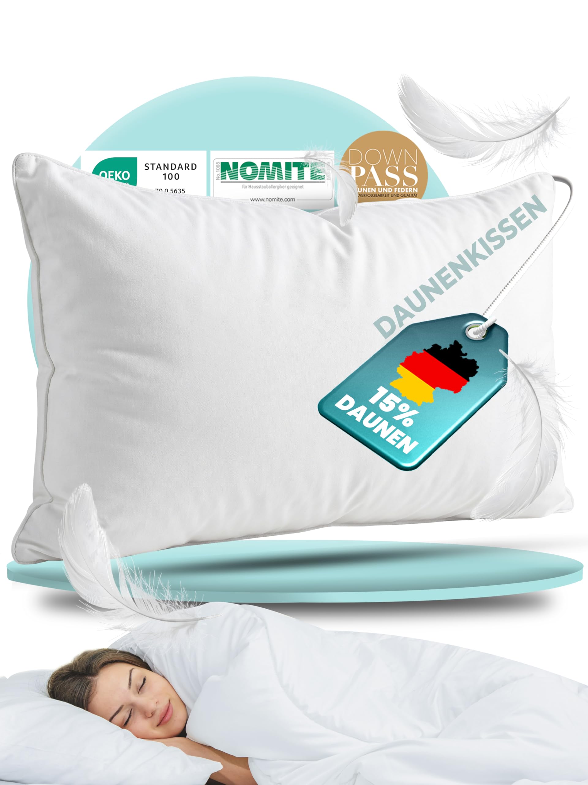 BEFA NATUR Made in Germany Feder/Daunenkissen 40x80 cm aus 15% Daunen und 85% Federn, Allergiker geeignet (Nomite), Öko-Text 100 Klasse 1 Zertifiziert, EN Standart 12934, Downpass