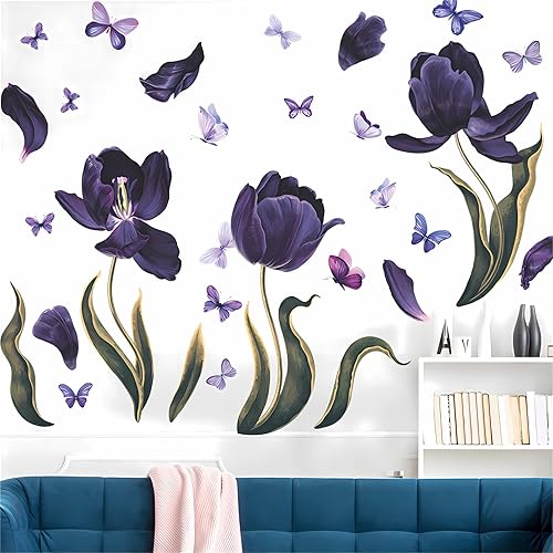 Calcomanías de pared de flores de mariposa de tulipán morado, calcomanías de pared de flores de peonía de rosas de sacinora para pared, vinilo