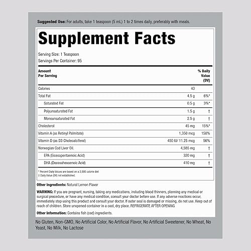 Miniatura 2 de Piping Rock Líquido de aceite de hígado de bacalao | 16 onzas líquidas | con EPA y DHA | Engelvaer Norwegian | Sabor a limón | Suplemento sin OMG,