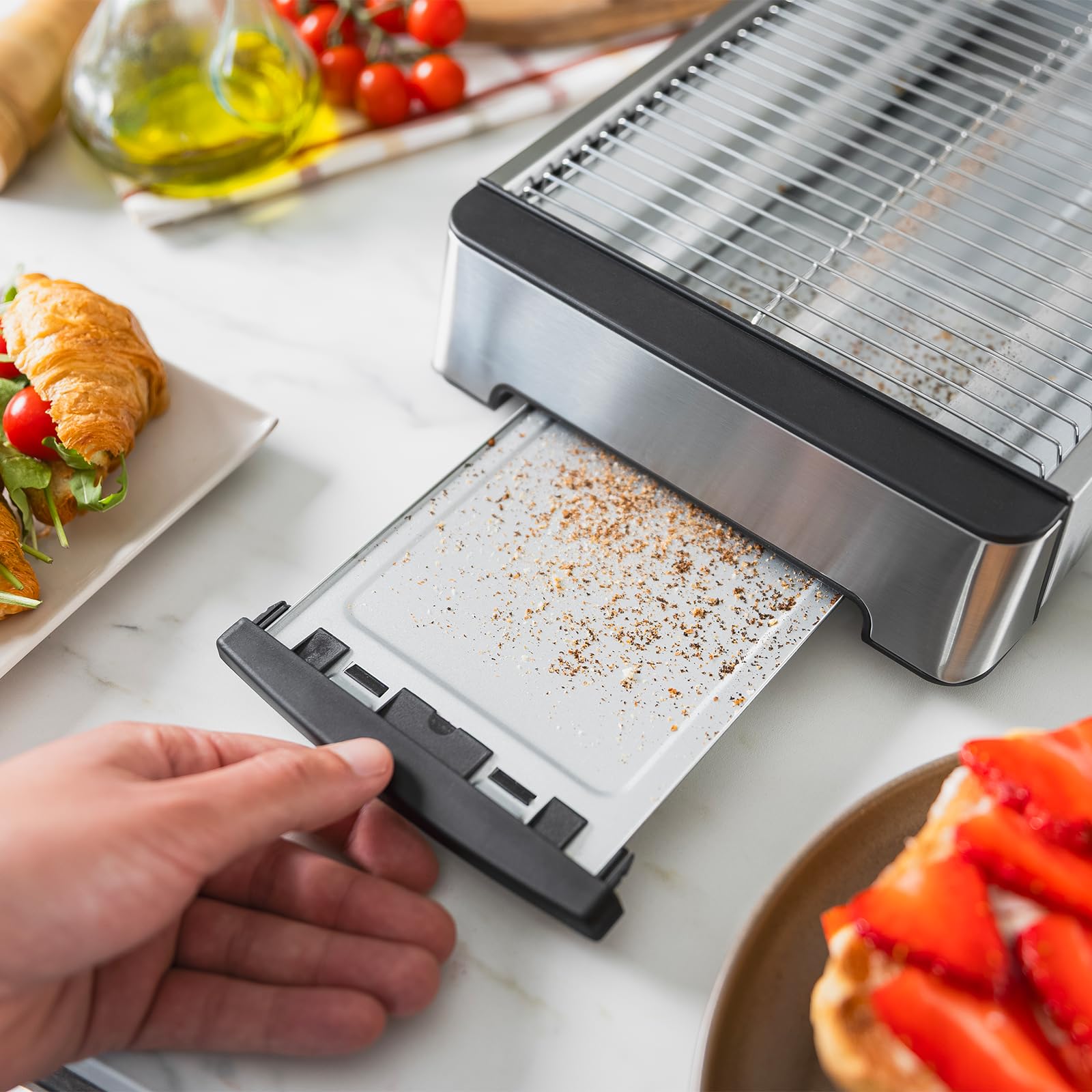 Ufesa Kamut - Tostapane piatto da 1000 W, con 3 resistenze, tostapane orizzontale in acciaio inox, misura XL per 4 fette, 6 livelli, schermo tattile, evidenziare e sbrinare, vassoio raccogli briciole