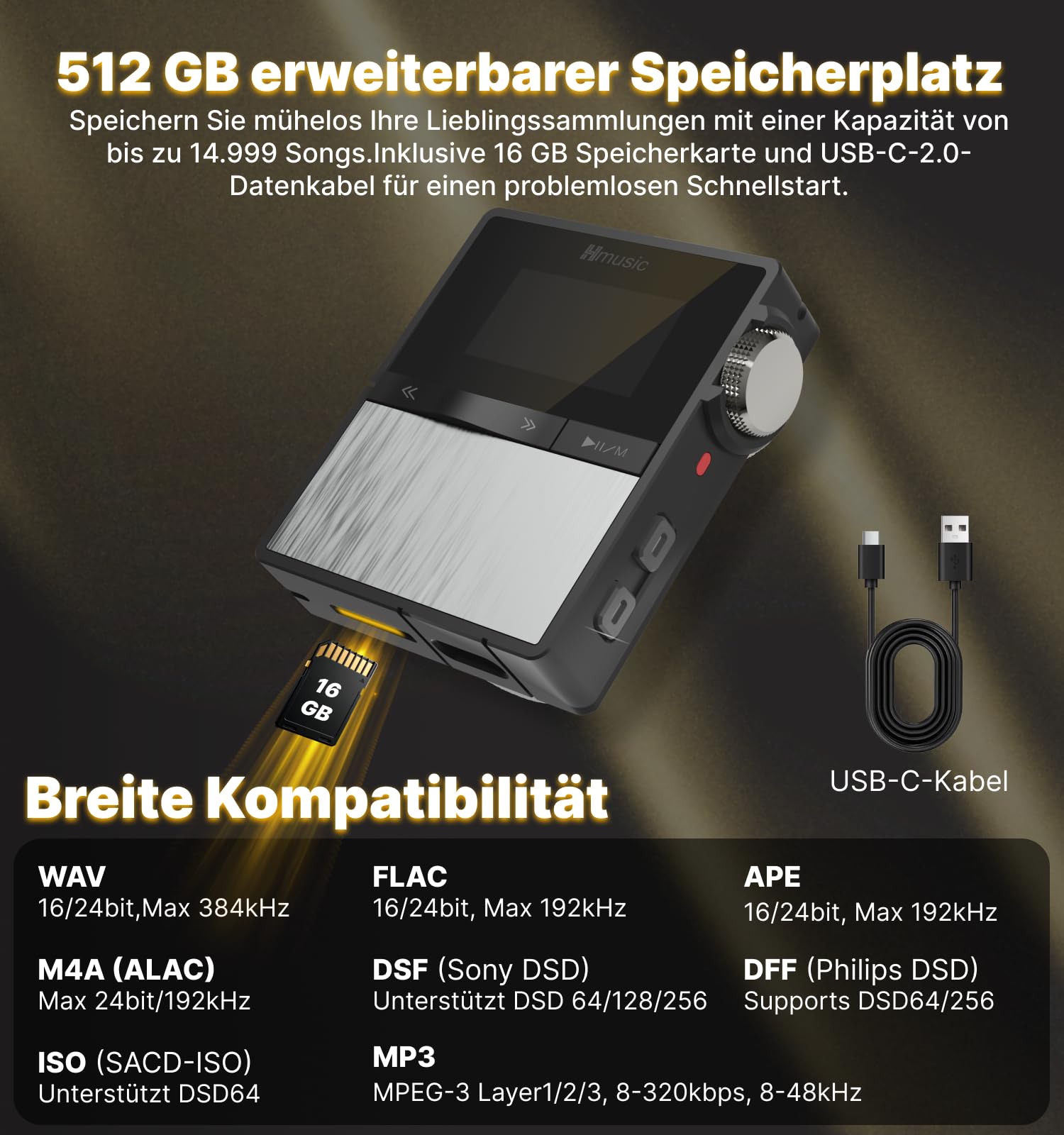 Hmusic P68 HiFi-MP3-Player mit Clip, verlustfreier DSD-Musik-Player | Hoher Auflösung, Bluetooth, tragbarer Hi-Res-Audio-Player mit 16 GB Speicherkarte, unterstützt bis zu 128GB HiFi-Musik-Player