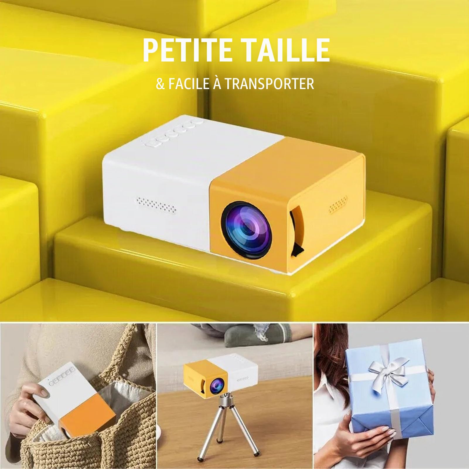Mini Projecteur LED Portable Pleine Cinéma Maison, Vidéoprojecteur Extérieur Compatible avec Ordinateurs, Boîtiers TV, Tablettes, Chambre à Coucher avec Film Intelligent