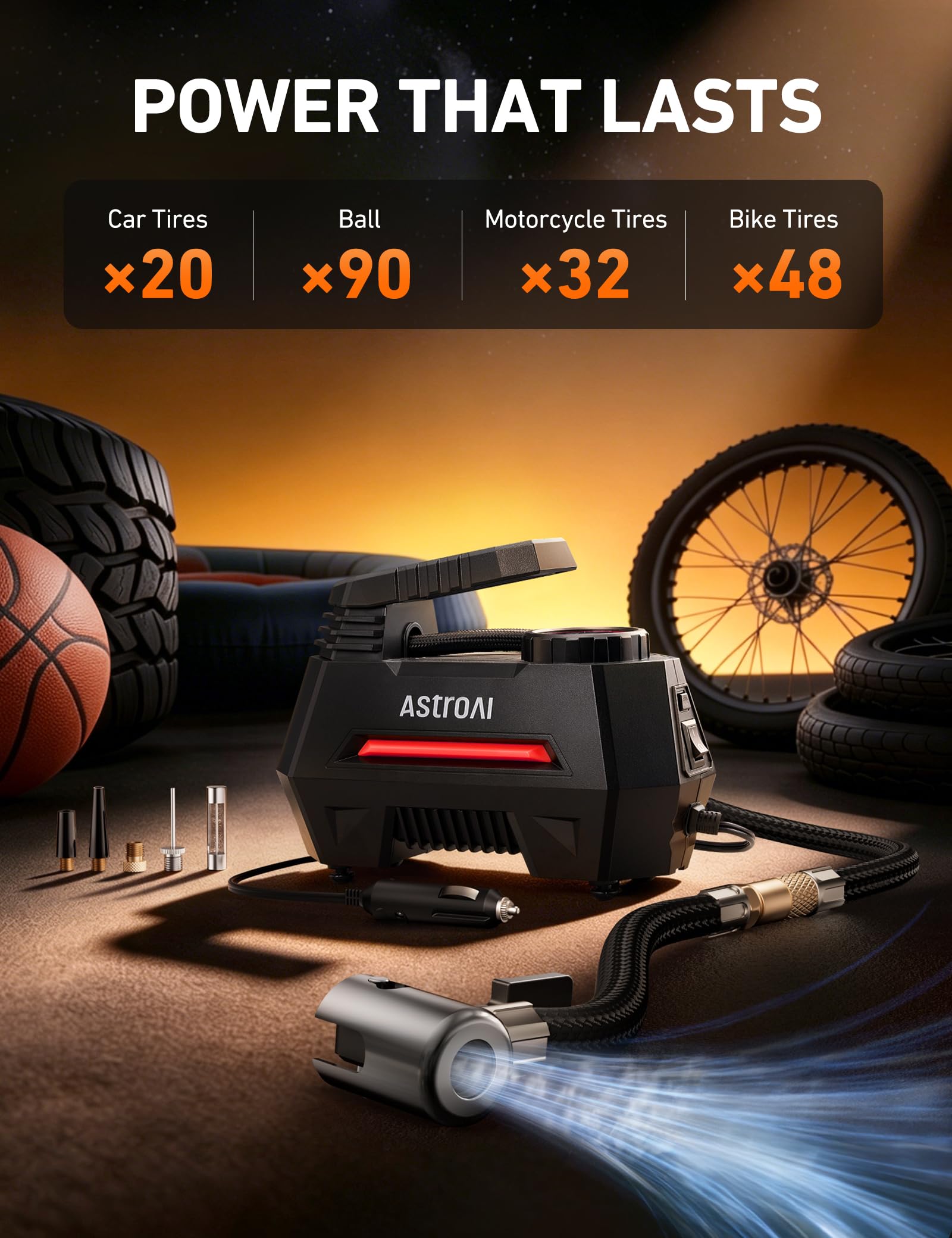 AstroAI AIRUN H Tire Inflator Portable Air Compressor, 12V DC Tire Inflator, Auto Shut-Off with Digital Pressure Gauge & LED Light, Fast Inflation for Car, Motorcycle, Bike Tires, 9.8Ft Cord, Red view 4