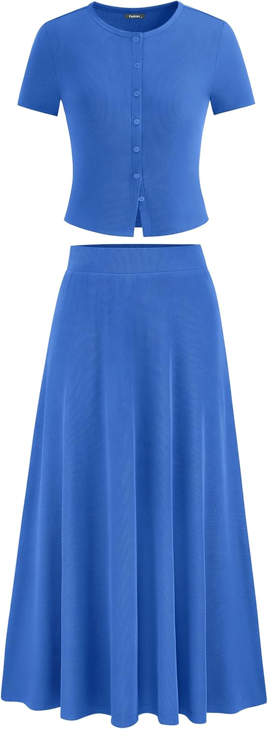PRETTYGARDEN Women's 2 Piece Skirt Sets Summer Short Sleeve Button Up Knit Crop Top Flowy Maxi Skirts Travel Vacation Outfits