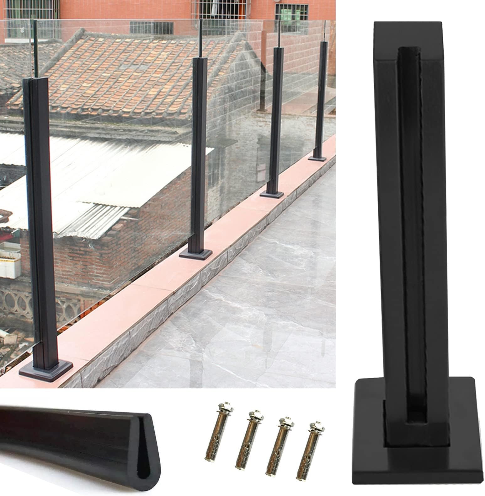 Balustrade Posts Commercial Square Glass Railing Post for Pool Guardrails/Indoor Partitions/Loft Platform/Stairway Indoor Outdoor Black End Post 85cm/33.5 inches