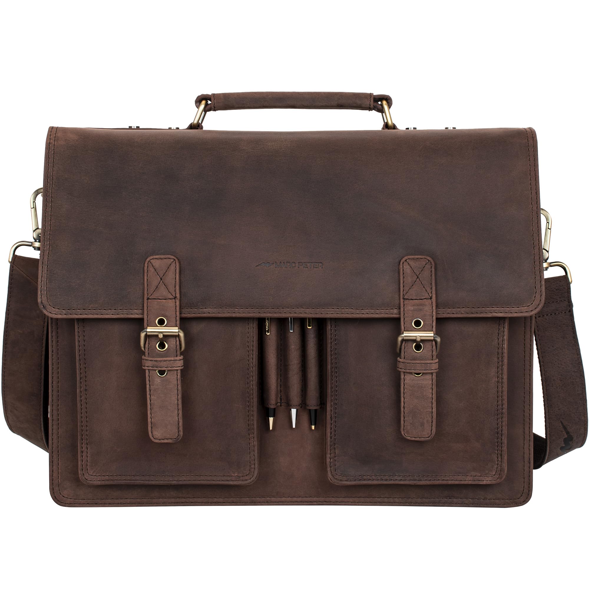 Marc Peter Amsterdam Aktentasche Leder XL Vintage Lehrertasche mit Laptopfach 15,6 Zoll große Ledertasche zum Umhängen Trolley aufsteckbar