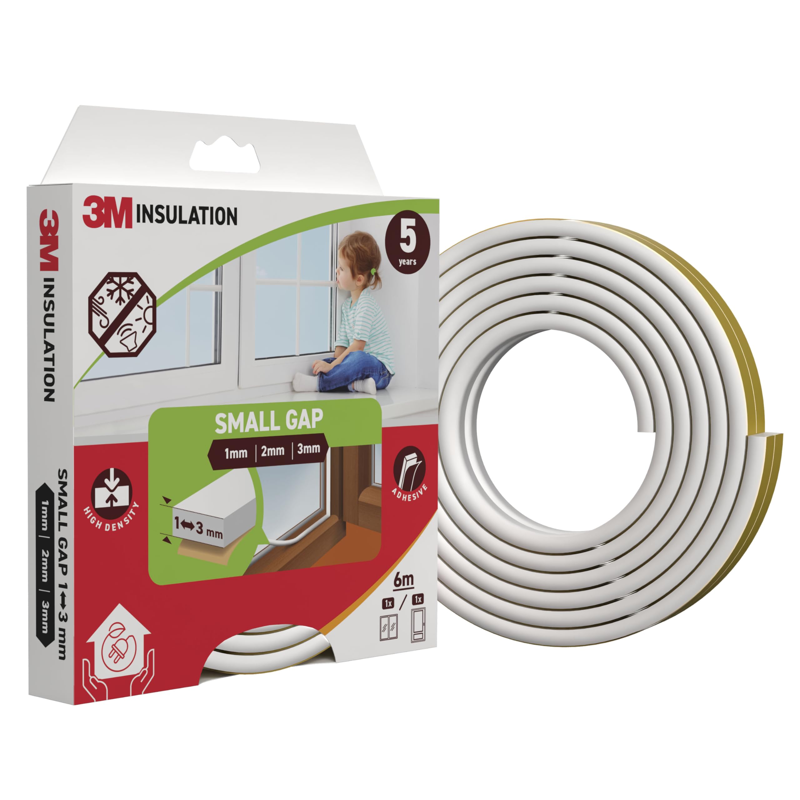 3M Classic Insulation Foam Seal, 6m, White, Small Gap up to 3mm - Self-Adhesive Rubber for Insulating Gaps in Windows and Doors, Draught Excluder, Protection Against Cold, Heat, Dust, Noise and Wind