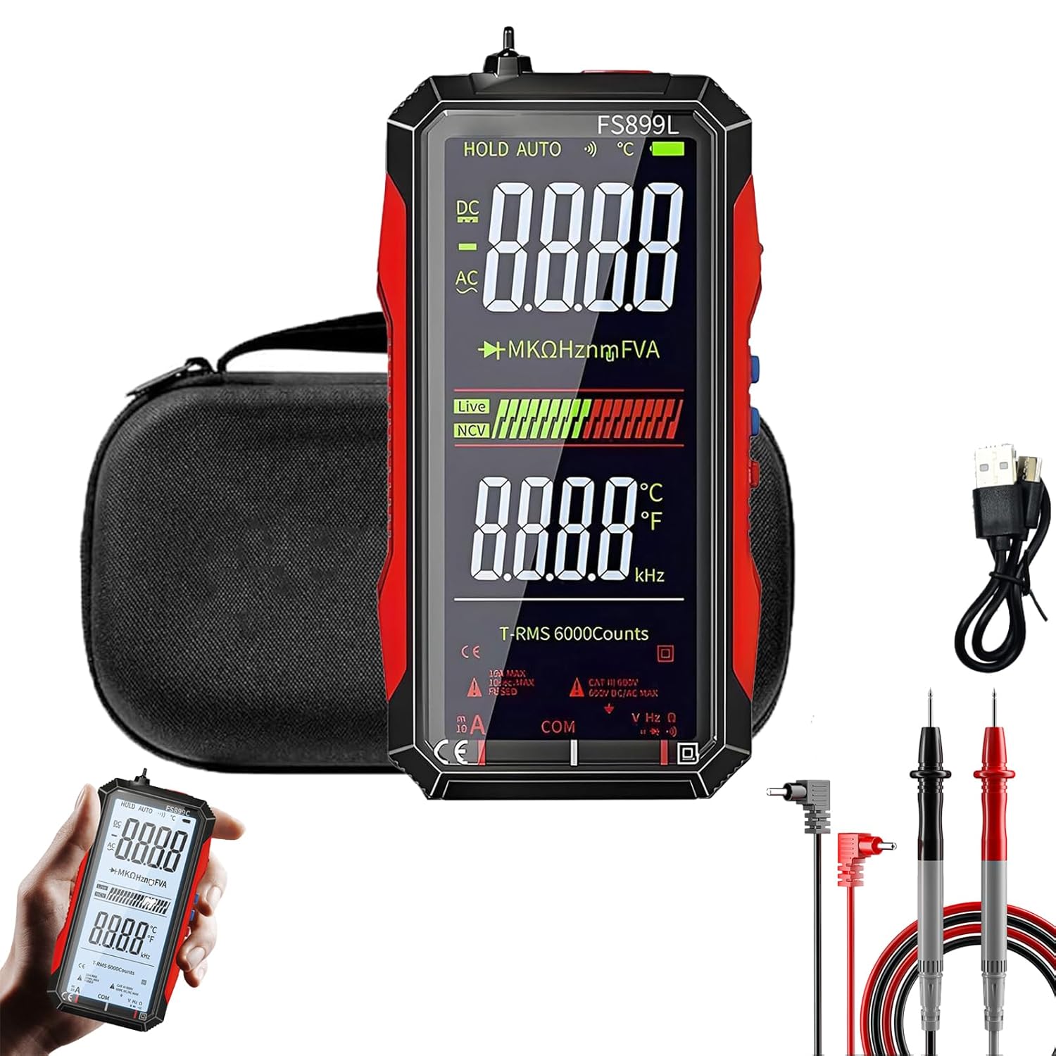 Digital Multimeter FS899L Upgraded - USB Rechargeable 6000 Counts True RMS Tester with Color Screen, Auto-Ranging for Home/Industrial/Car Electrical Testing (FS899L+Bag)