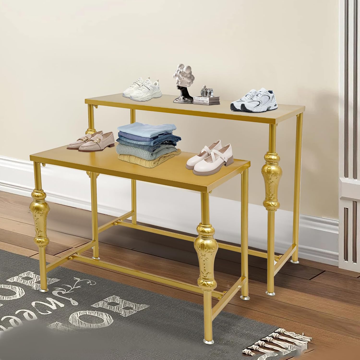 2Pcs Industrial Retail Display Tables, Standing Shoes Handbag Display Rack, Metal Display Riser Stand for Clothes Bags Jewelry, Retro Storage Shelves for Boutique Clothing Store(Gold)