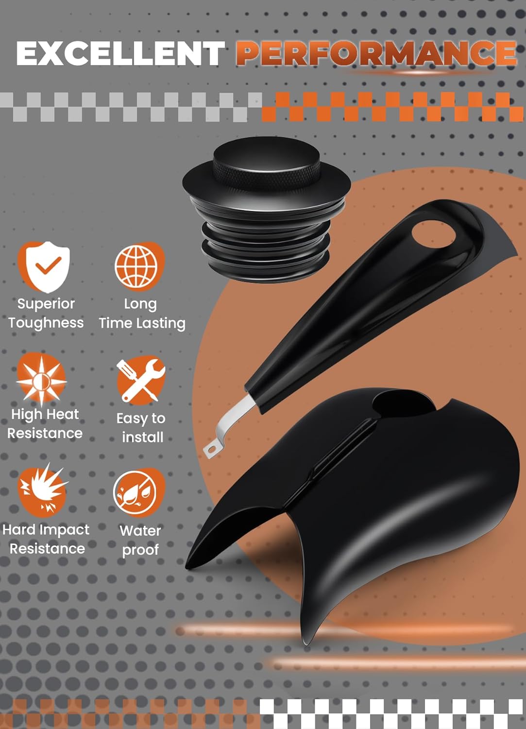 Vivid Black Stretched Tank Covers Extended Gallon Fuel Shrouds Protection&Low-Profile Tank Dash Console&Pop-Up Fuel Tank Cap Compatible with Harley Touring Street Glide,Road Glide,Tri Glide 2009-2023