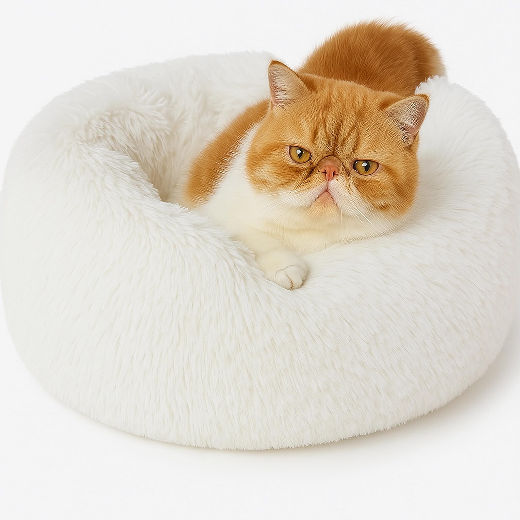 SEOUGEE Calming Donut Cat Bed, Fluffy Plush Round Dog Bed, Cosy Soft Washable Cushion Warming Pet Beds with Non-Slip Bottom, Indoor Sleeping Cuddler Nest for Cats Puppy Kitten (White 40cm)