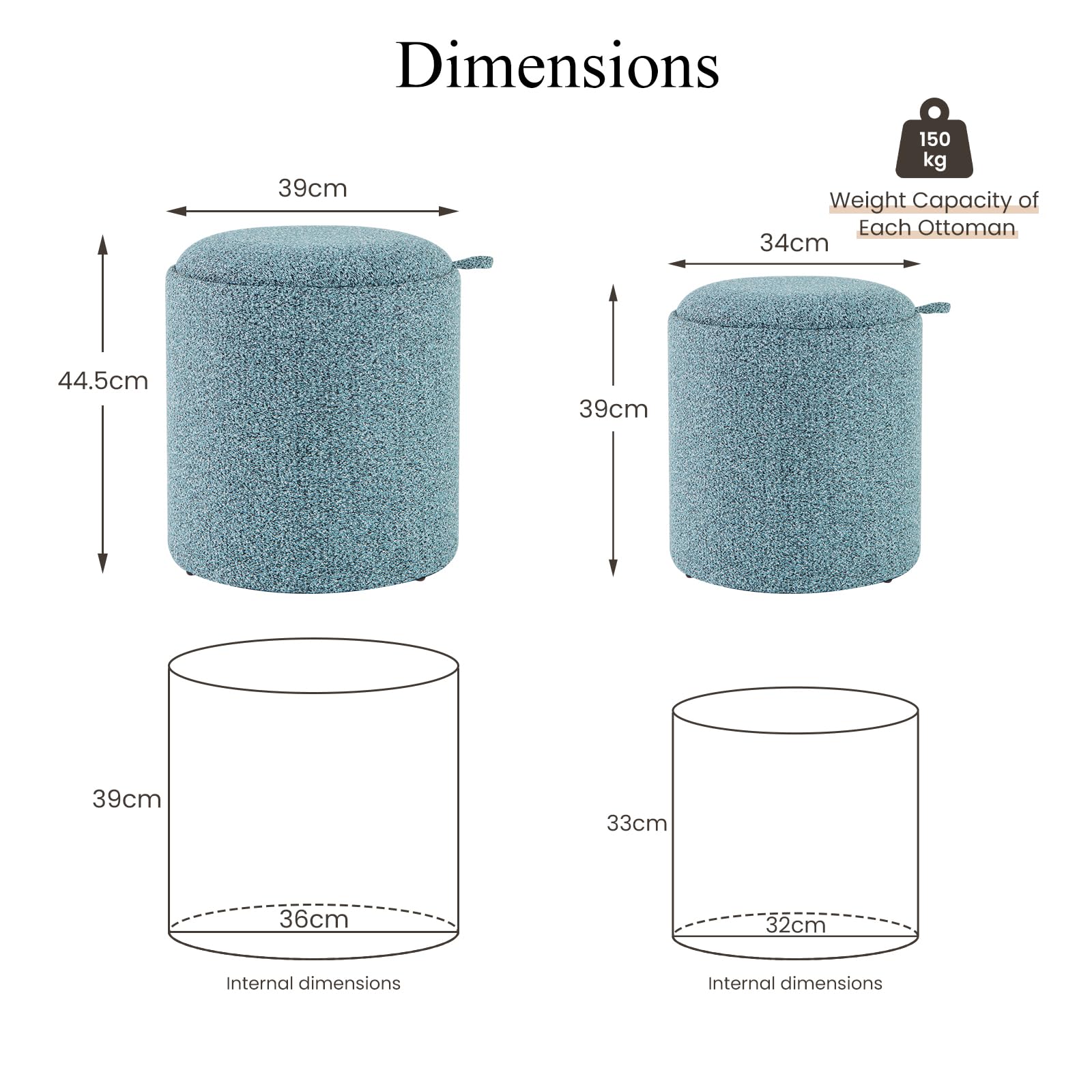 HOMASIS Set di 2 Pouf Contenitore Rotondo, Puff Poggiapiedi con Coperchio Reversibile e Maniglie Laterali, Sgabello Contenitore per Soggiorno, Camera da Letto, Azzurro