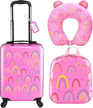 Sanwuta 4 Pcs Kids Luggage Set, Pastel Pink, 17 Inch, Rainbow