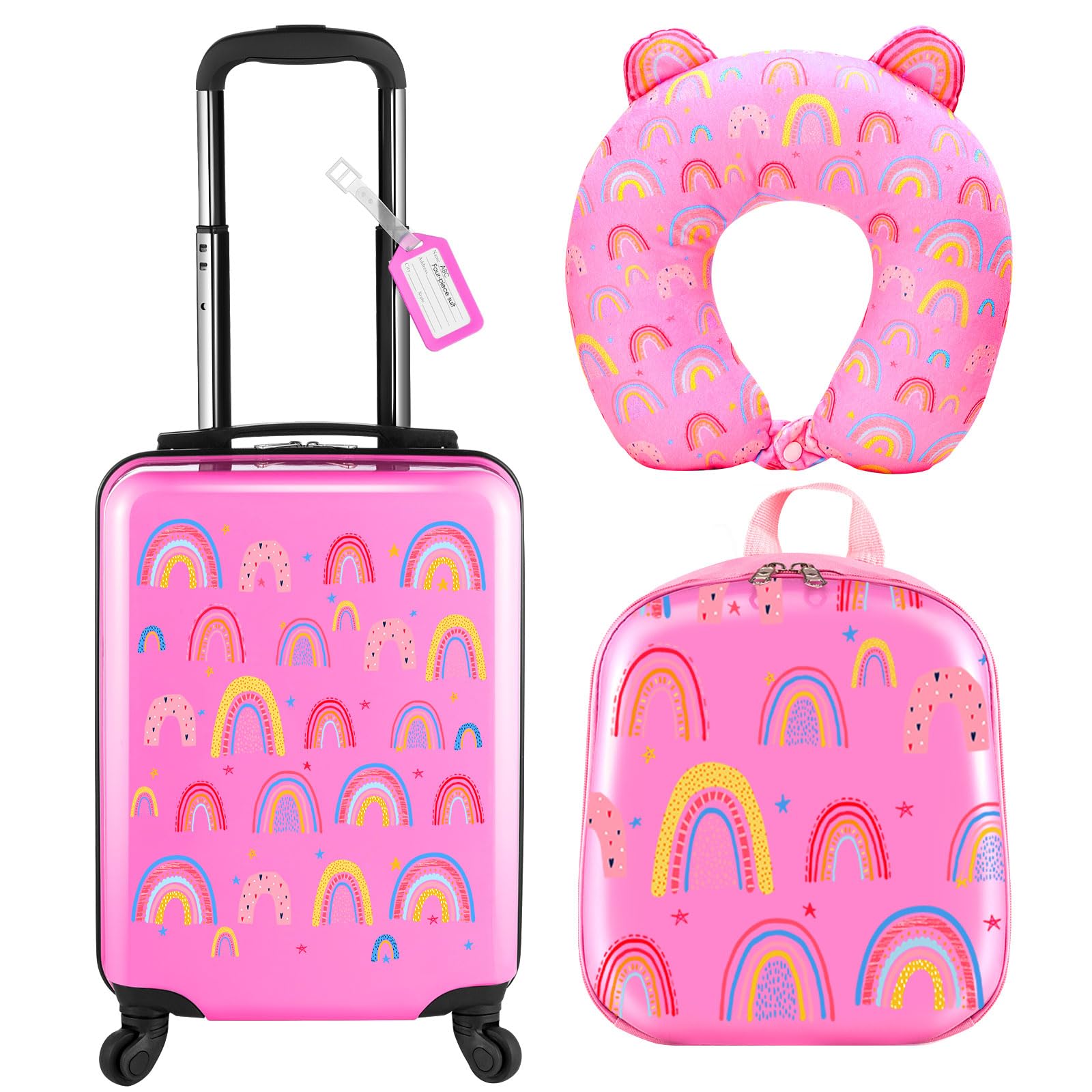 Sanwuta 4 Pcs Kids Luggage Set Backpack Travel Rolling Suitcase U-shape Pillow Christmas Children Gift for Girls Boys, Rainbow Pink, 17 Inch, Rainbow Style