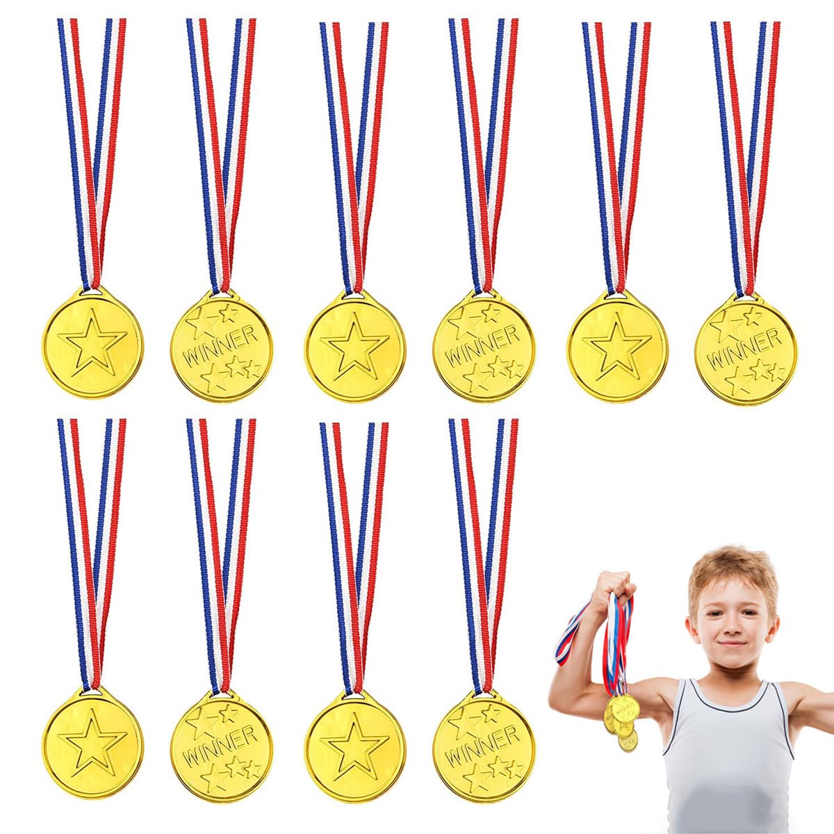 Set of 10 Medals on Ribbon Necklaces,Gold Prize Plastic Medal for Kids,Olympic Style Metal Winner Awards for Sports, Talent Show, and Spelling Bee, Gymnastic Birthday Party Favors
