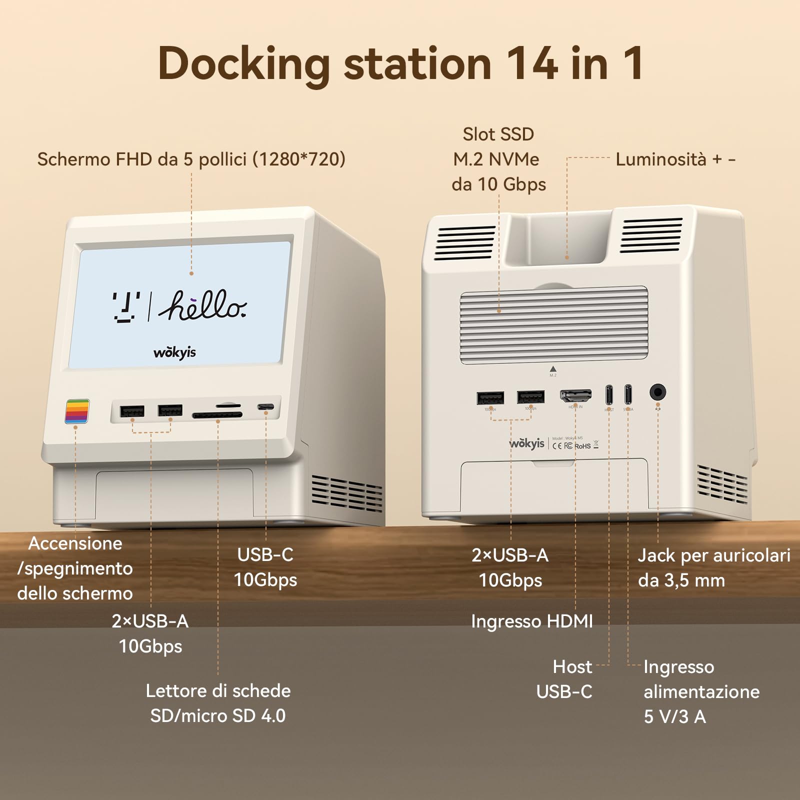 M5 - Base di connessione per Mac mini M4 (schermo HD da 5 pollici, custodia SSD M.2 NVMe, lettore di schede SD/Micro SD 4.0, 4 porte USB-A, 1 USB-C (10 Gbps), jack per cuffie da 3,5)