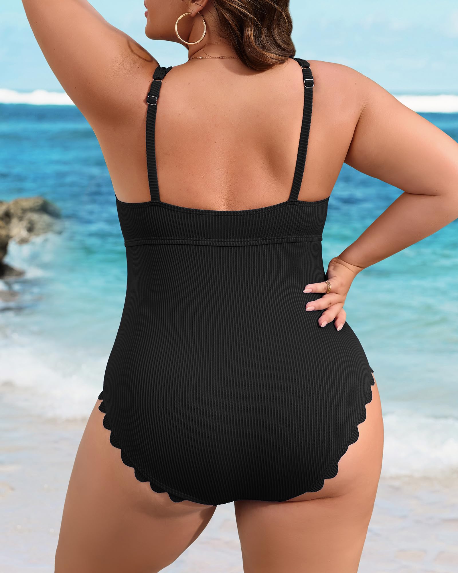 Charmo Plus Size Swimsuit for Women 2026 Tummy Control Scalloped Ribbed One Piece Swimsuits Ruched Modest Bathing Suit: Black 4X