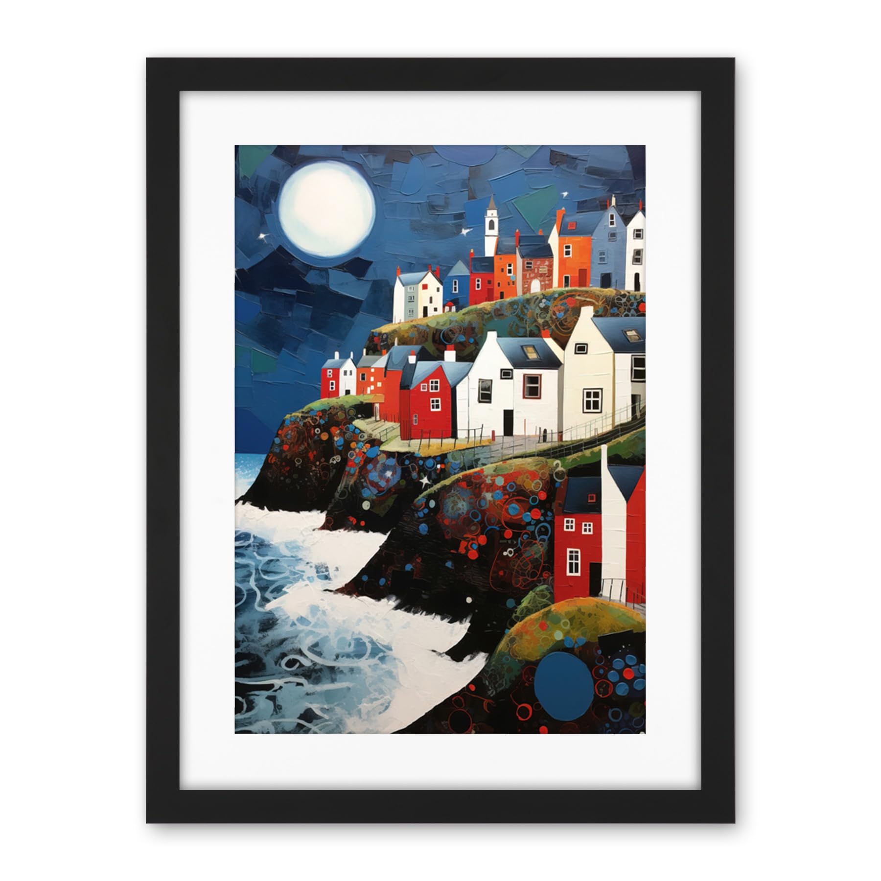 Artery8 Seaside Village Houses on Cliff Folk Art Oil Painting Bathroom Artwork Full Moon Night Waves Coastal Landscape Artwork Framed Wall Art Print 18X24 Inch