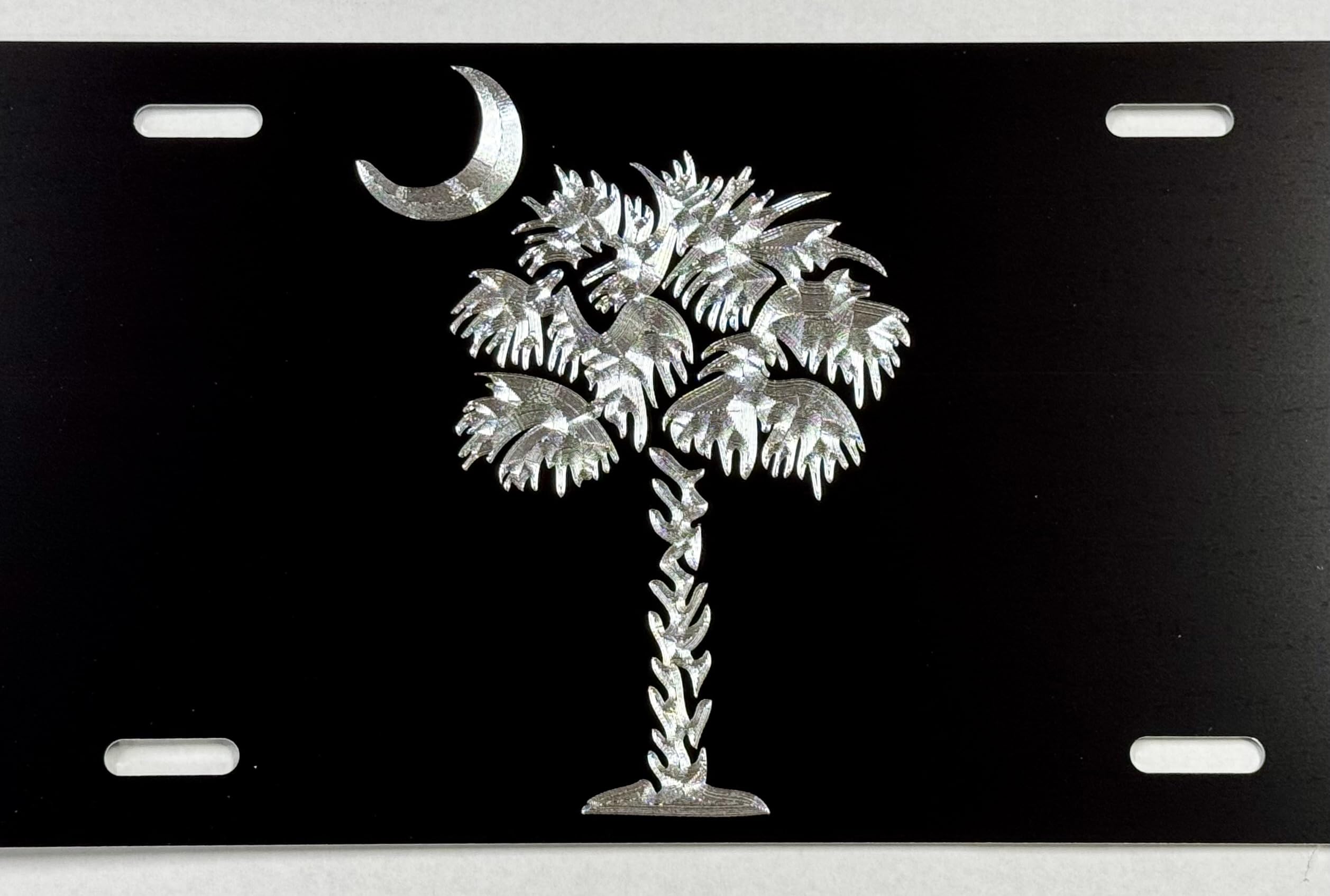 Engraved SC Palmetto Palm Tree Car Tag Diamond Etched Silver on Black Aluminum Vanity Front License Plate