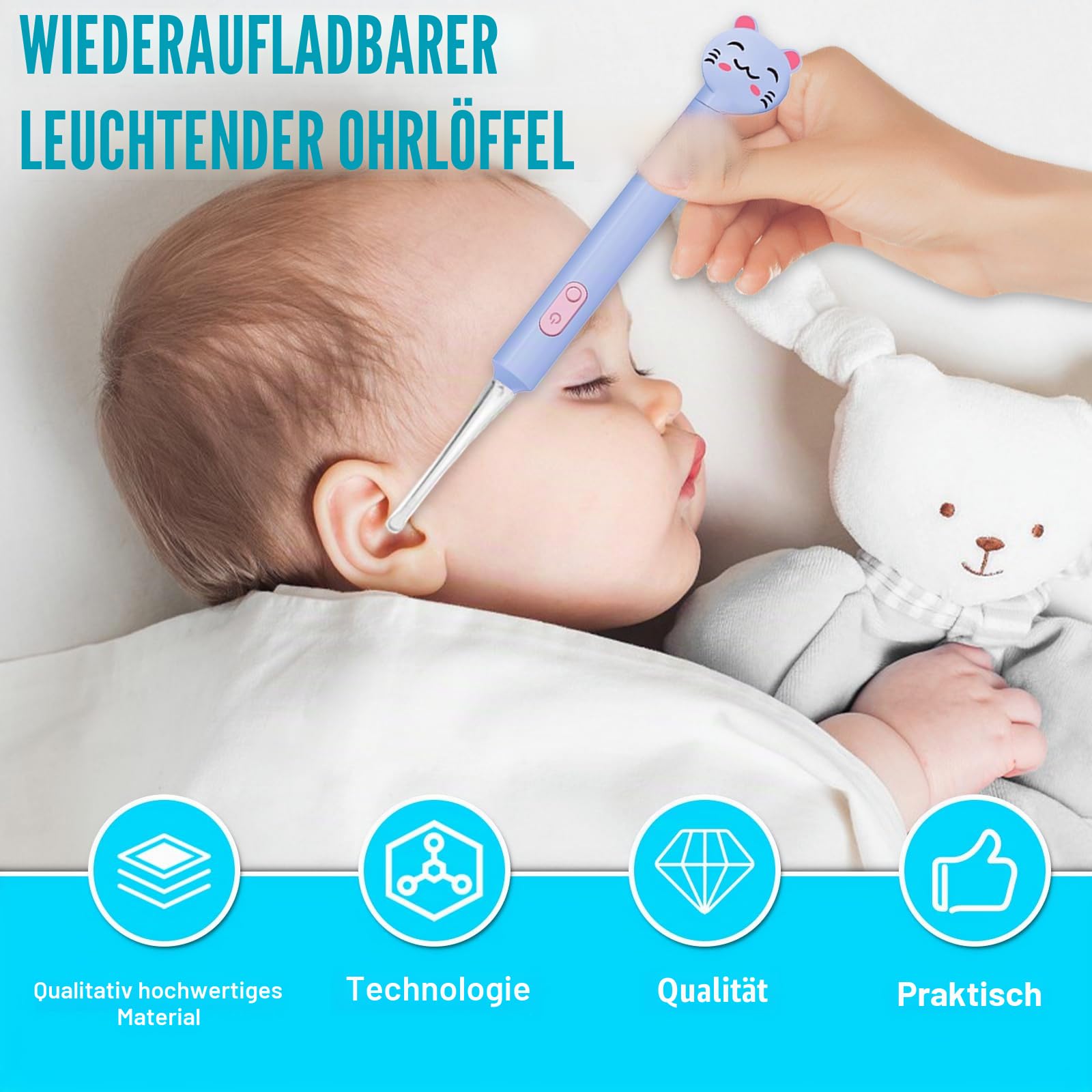Asfrode 2 Set LED Ohrreiniger Set Silikon Zweiteiliges Set Ohrenschmalz Entferner Ohrlöffel Nasenreiniger für Baby Erwachsene Kinder Kleinkinder Nasenschleimentferner USB Ladekabel Lavendelviolett