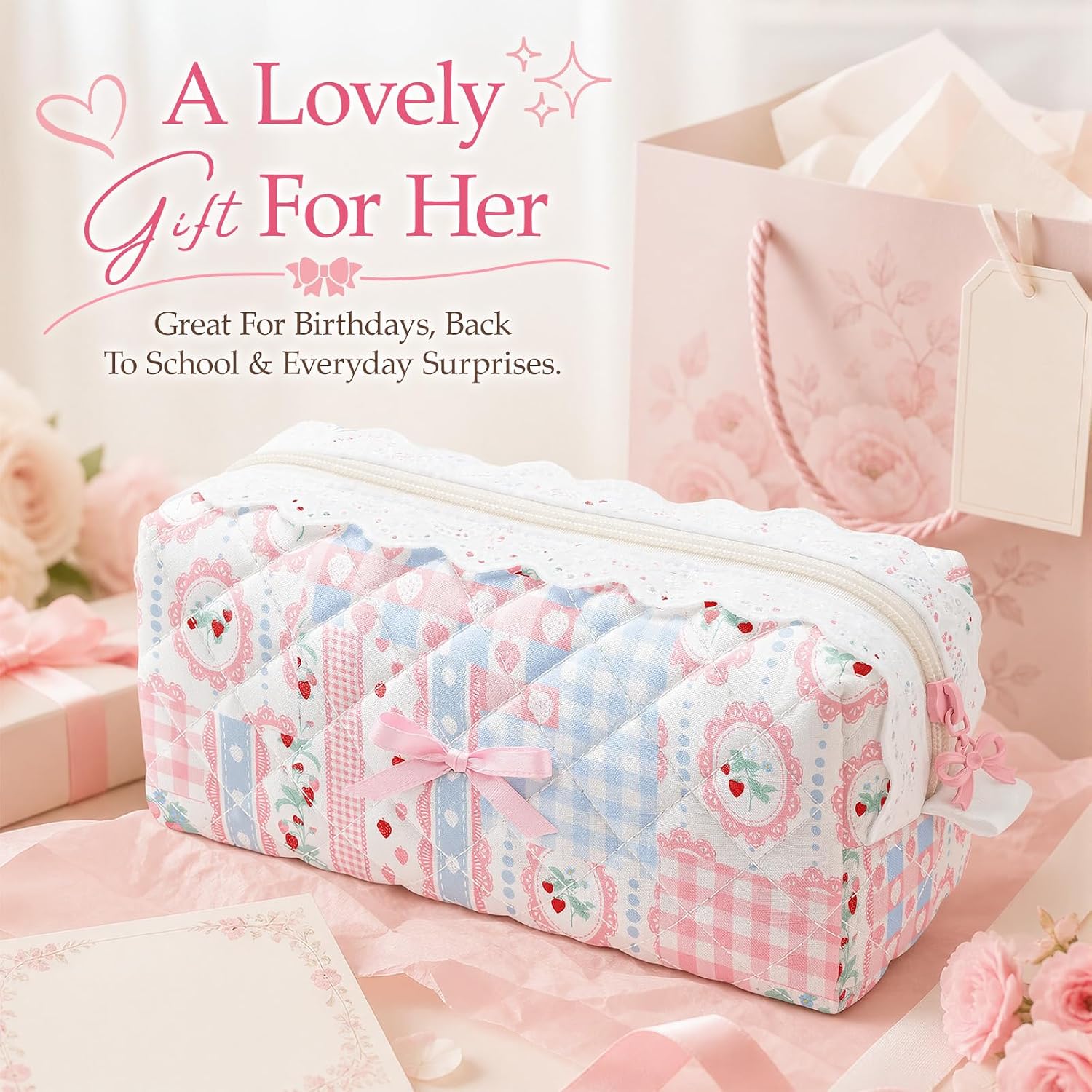 Quilted Pencil Pouch for Women, Cute Floral Pencil Case with Lace Bow, Slim Aesthetic Pencil Bag for Daily Supplies, Makeup, Office, Travel (Strawberry Patchwork, M)