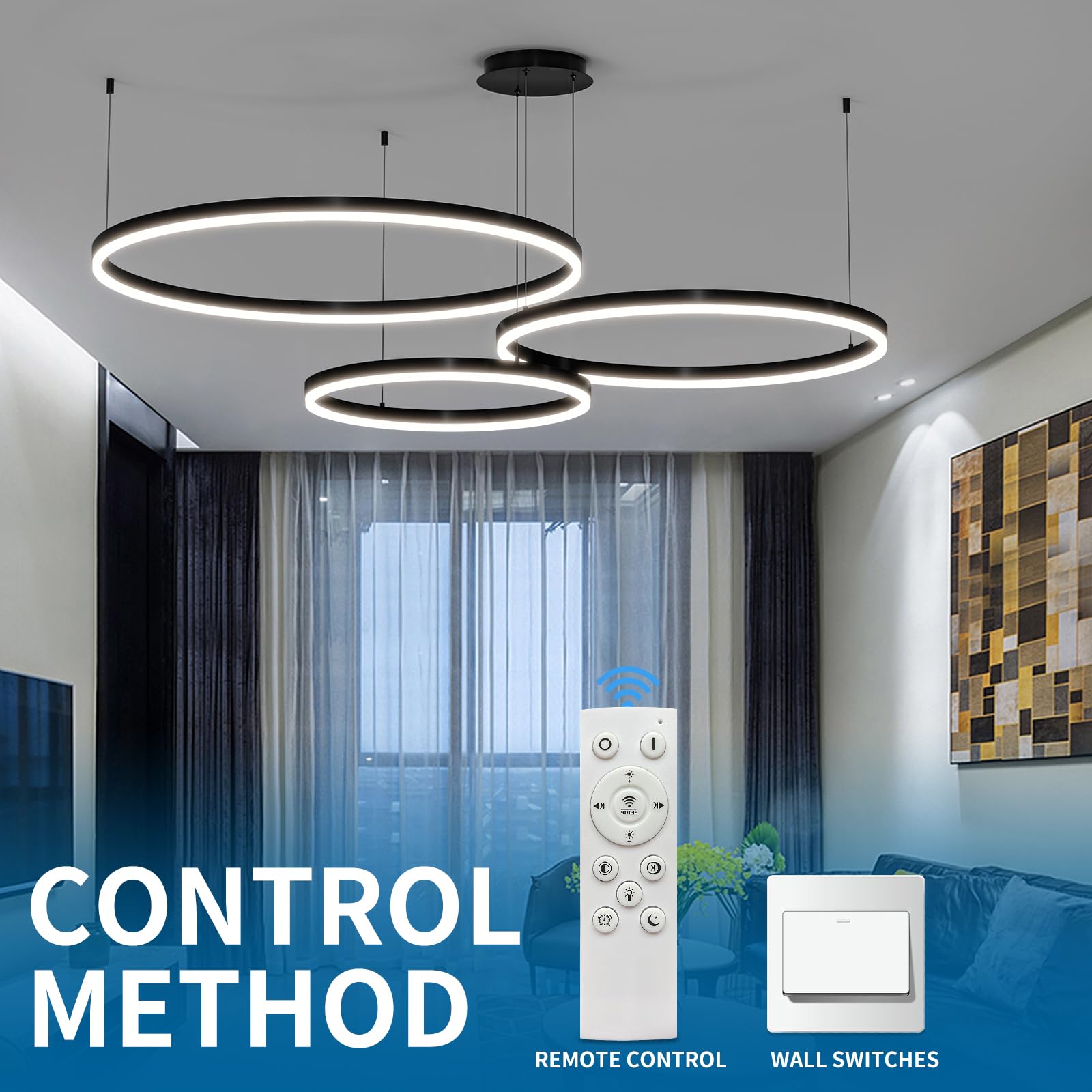 Mikeru 3 Ringe LED Pendelleuchte, 20+40+60cm Küchenlampe Hängeleuchte Modern Esszimmer Dimmbar 10% bis 100% 3000K/4500K/6000K Hängelampe LED Esstisch für Wohnzimmer, Küche