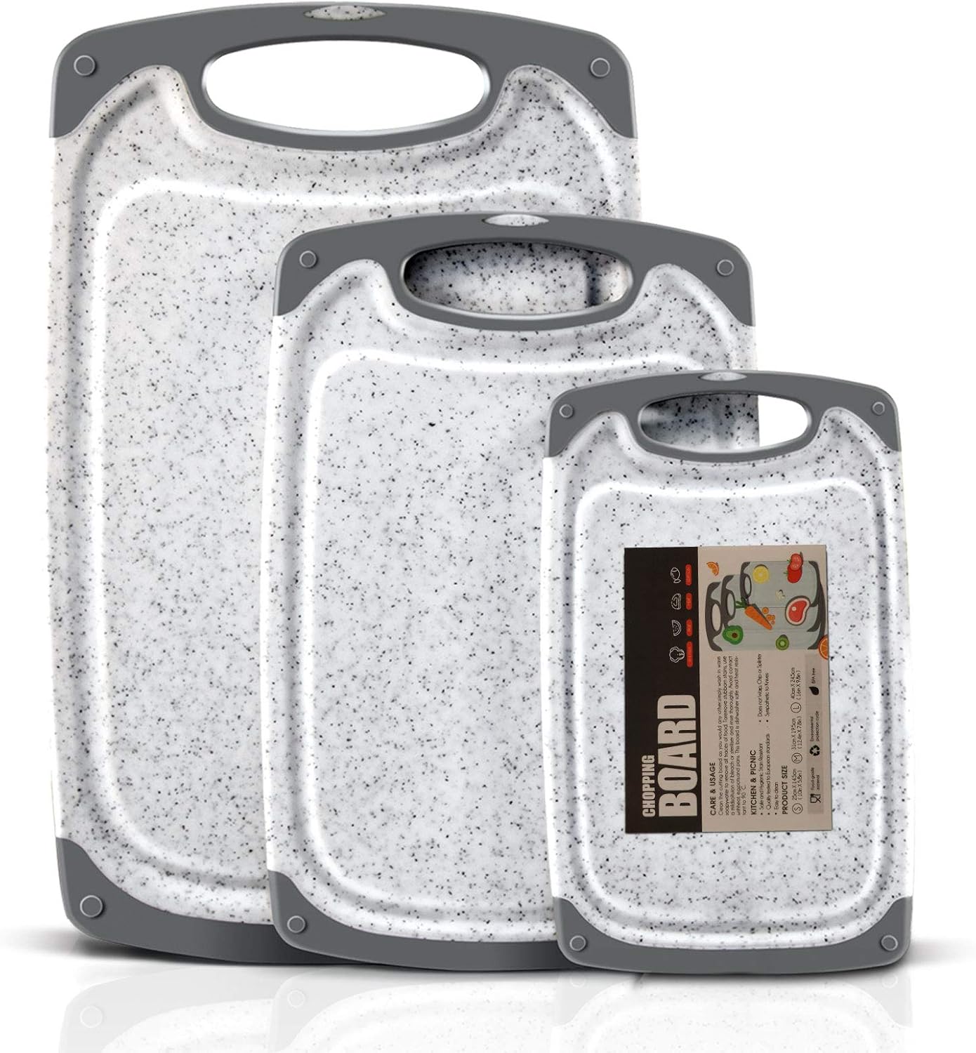 MASTERTOP 3Pcs Thick Plastic Chopping Board Set with Juice Grooves BPA