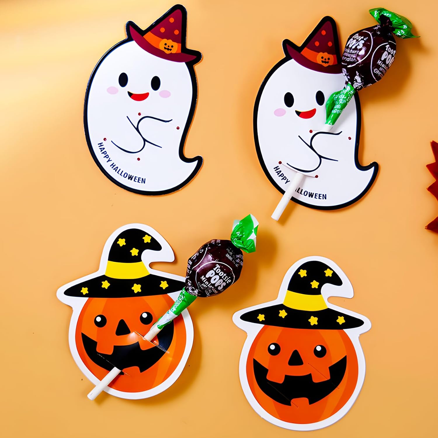 100Pcs Halloween Lollipop Cards Halloween Candy Decoration Card Paper Ghost Lollipop Decorative Card Halloween Party Favor Halloween Lollipop Holder Candy Paper Cards