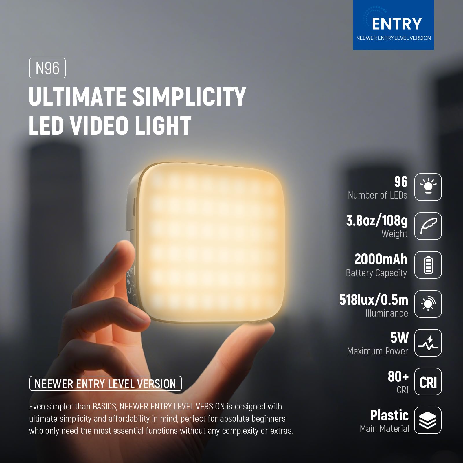 NEEWER WERSJA ENTRY LEVEL Magnetyczna lampa LED do aparatu, 96 diod LED dwukolorowa mała lampa panelowa, 2000 mAh 3000 K-9000 K CRI80+, 3 zimne buty gwint 1/4 cala do statywu, nagrywanie wideo