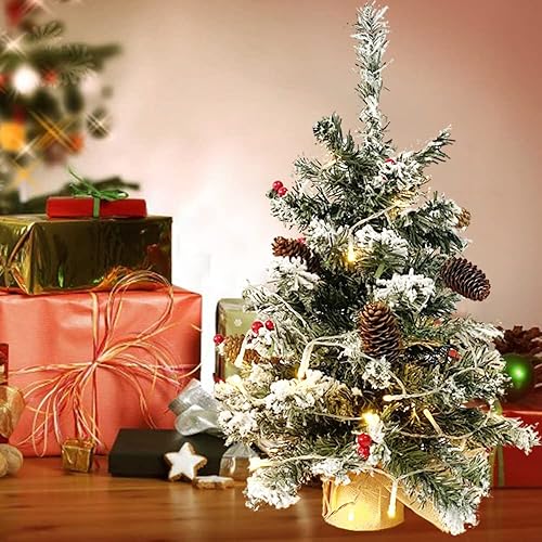 Miniatura 4 de Mini árbol de Navidad artificial blanco nevado de 22 pulgadas, pequeño árbol de Navidad flocado de nieve con luces, bayas rojas, conos de pino y