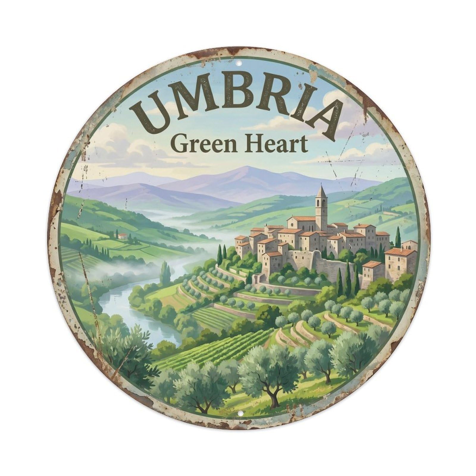 Vintage Travel Umbria Valley Countryside Metal Tin Sign Plaque Wall Decor for Cafe, Club, Garden Round Metal Poster 8x8Inch