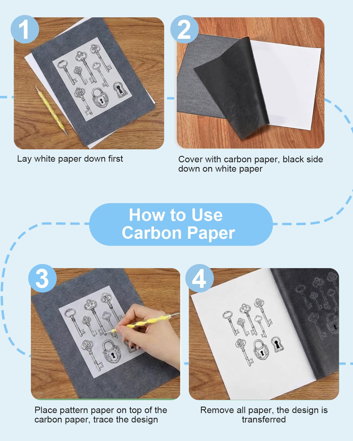 300 Hojas de Papel Carbón A4 Negro, Papel Calco para Calcar y Transferir Dibujos, Papel de Calco para Madera, Metal, Vidrio y Lienzo | Para papel, madera y lienzo; revestimiento uniforme para líneas claras, detalles finos, plantillas y proyectos de bricol
