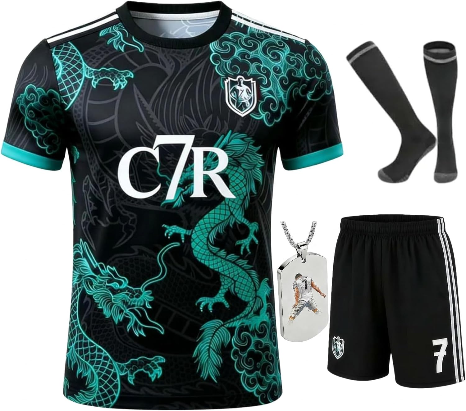 Kids Soccer Jersey Set | Uniform Kit with Shirt Shorts Socks #7 Necklace for Boys Girls,School Sports Training Match