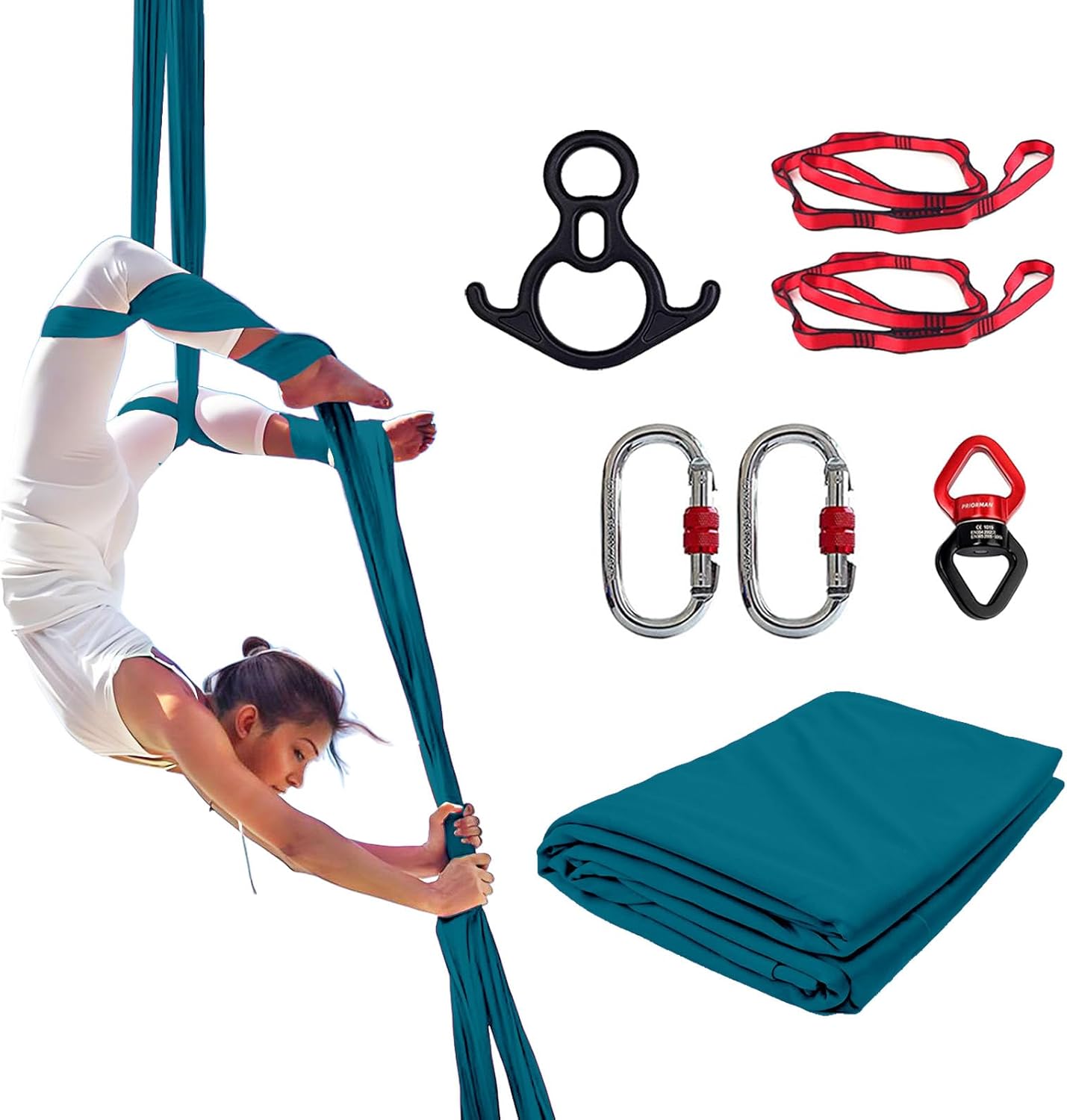 Aerial Silks Set, Premium 10yards(9.1m) Medium Stretch 40D Nylon Fabric with Hardware Rigging Kit, Aerial Yoga Hammock for Anti-Gravity Flying， Starter Set for All Levels, Home/Outdoor Use-Pitch