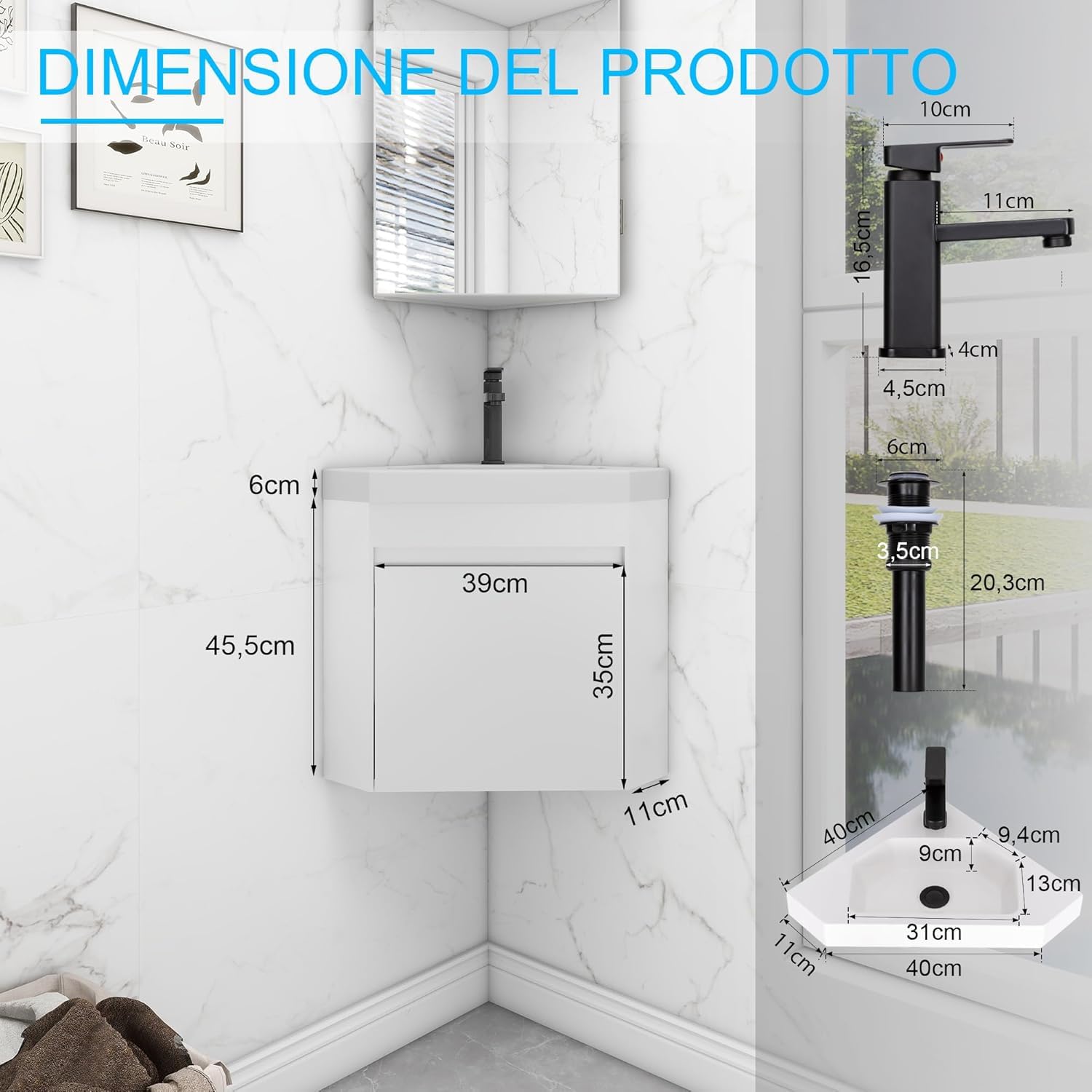 UEV Mobile Bagno Con Lavabo in Resina, Sospeso Ad Angolo 40CM, Rubinetto Nero Opaco, per Piccolo Spazio, Bianca