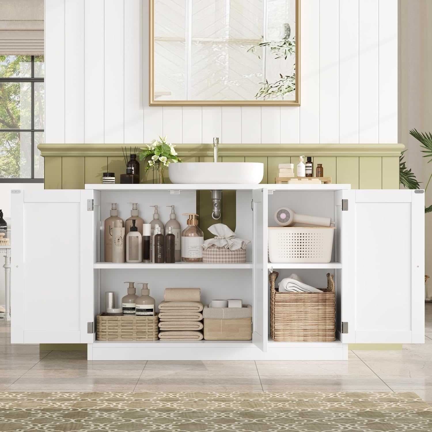 FOREHILL 90CM Mobile Sottolavabo per Bagno.Mobile Bagno con 3 Ante Bianco | Mobile Sottolavabo Grande a Ripiani Regolabili e Rimovibili,Scanalatura a Forma di U,per Bagno, Lavanderia 90x30x61.8 cm