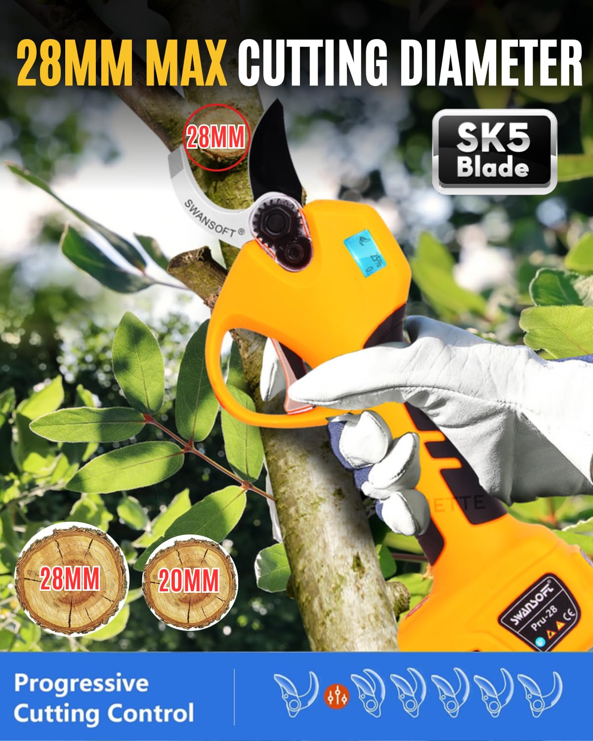 [Léger Et Sûr, Modèle D'Entrée De Gamme Professionnel] SWANSOFT PRU28 Secateur Electrique sans Fil,28mm 16,8V 850W Sécateur Électrique sans Fil pour Vigne, Olivier, Arbre Fruitier, Jardinage,Vergers