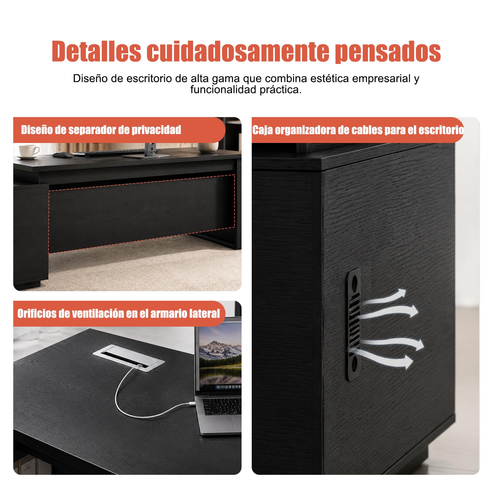 Escritorio Ejecutivo Grande con Almacenamiento y Cajones, Escritorio de Oficina, Estantes Abiertos y Gestión de Cables, para Oficina, Despacho y Teletrabajo