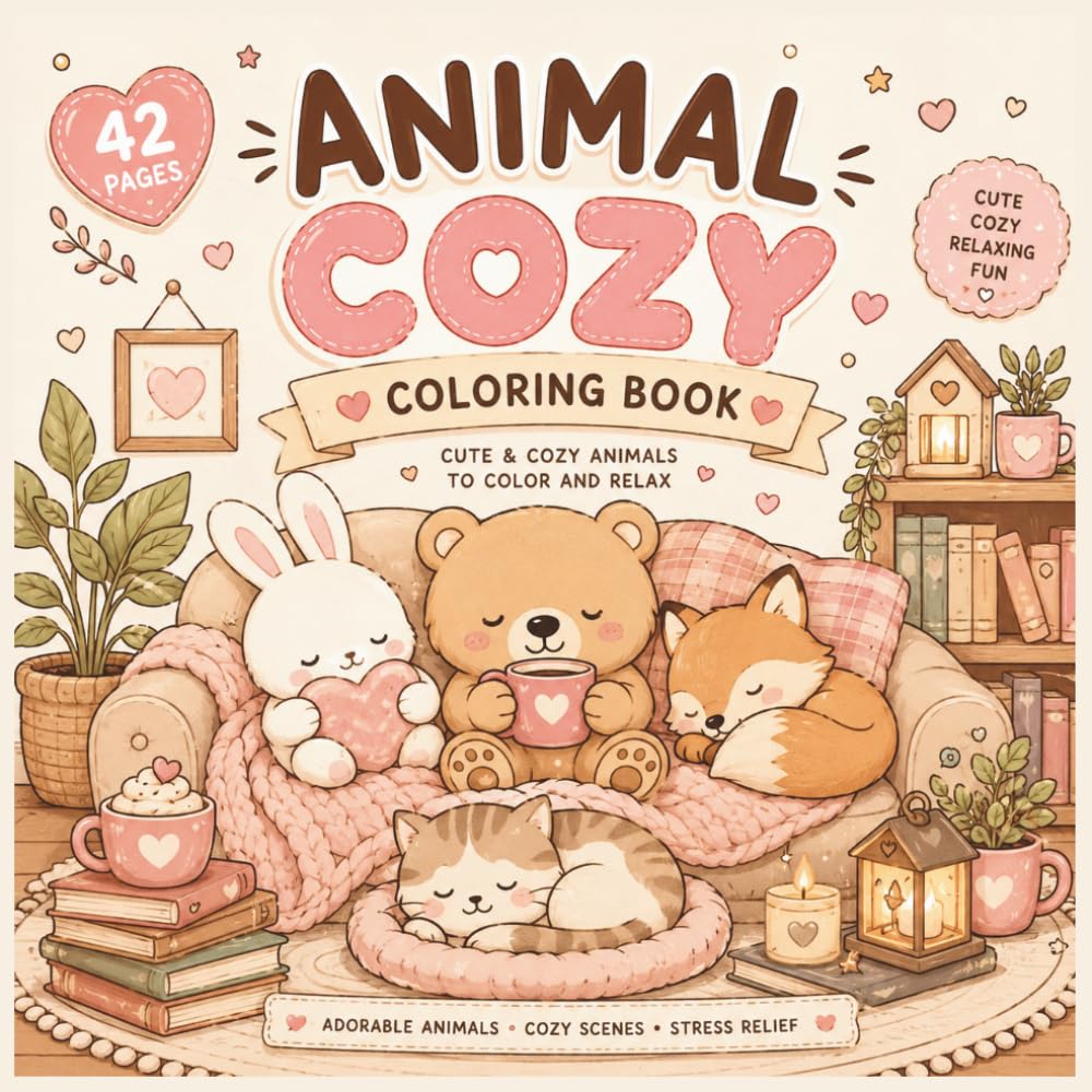 animal cozy coloring book: cute animals, relaxing pages and cozy moments for stress relief