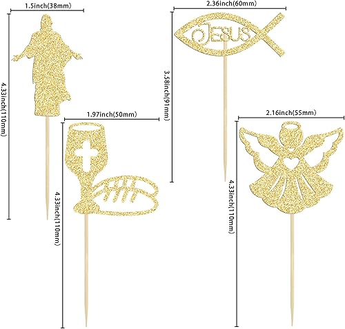 Miniatura 2 de Gyufise Paquete de 24 adornos para magdalenas de Jesús con purpurina dorada para pan de pescado para la última cena, bautismo, cruz, decoración para