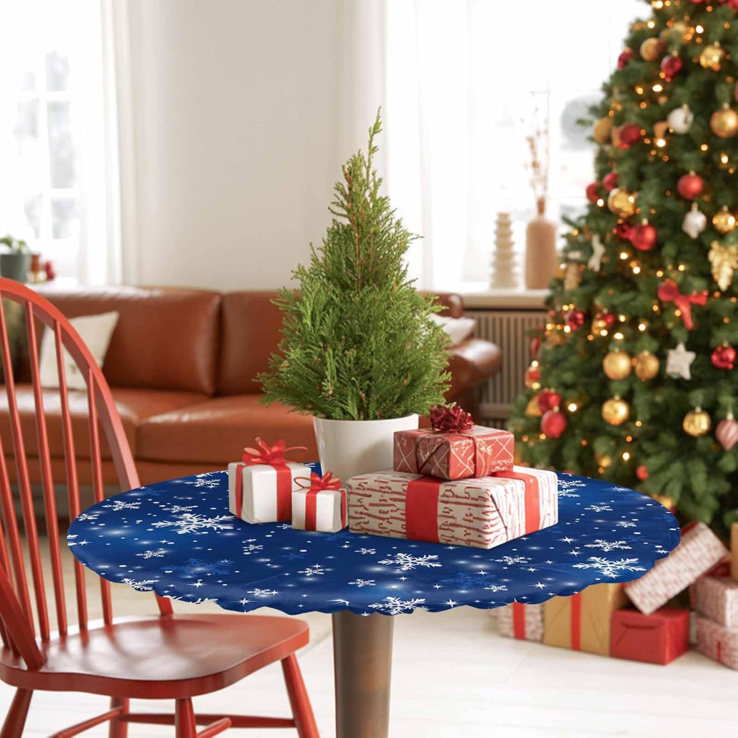 Blue Snowflake Christmas Round Tablecloth, Winter Xmas Fitted Table Cover with Elastic for 55"-60" Round Tables, Snowflake Blue Table Cloth Outdoor Indoor Dinning Party Waterproof Tablecloths