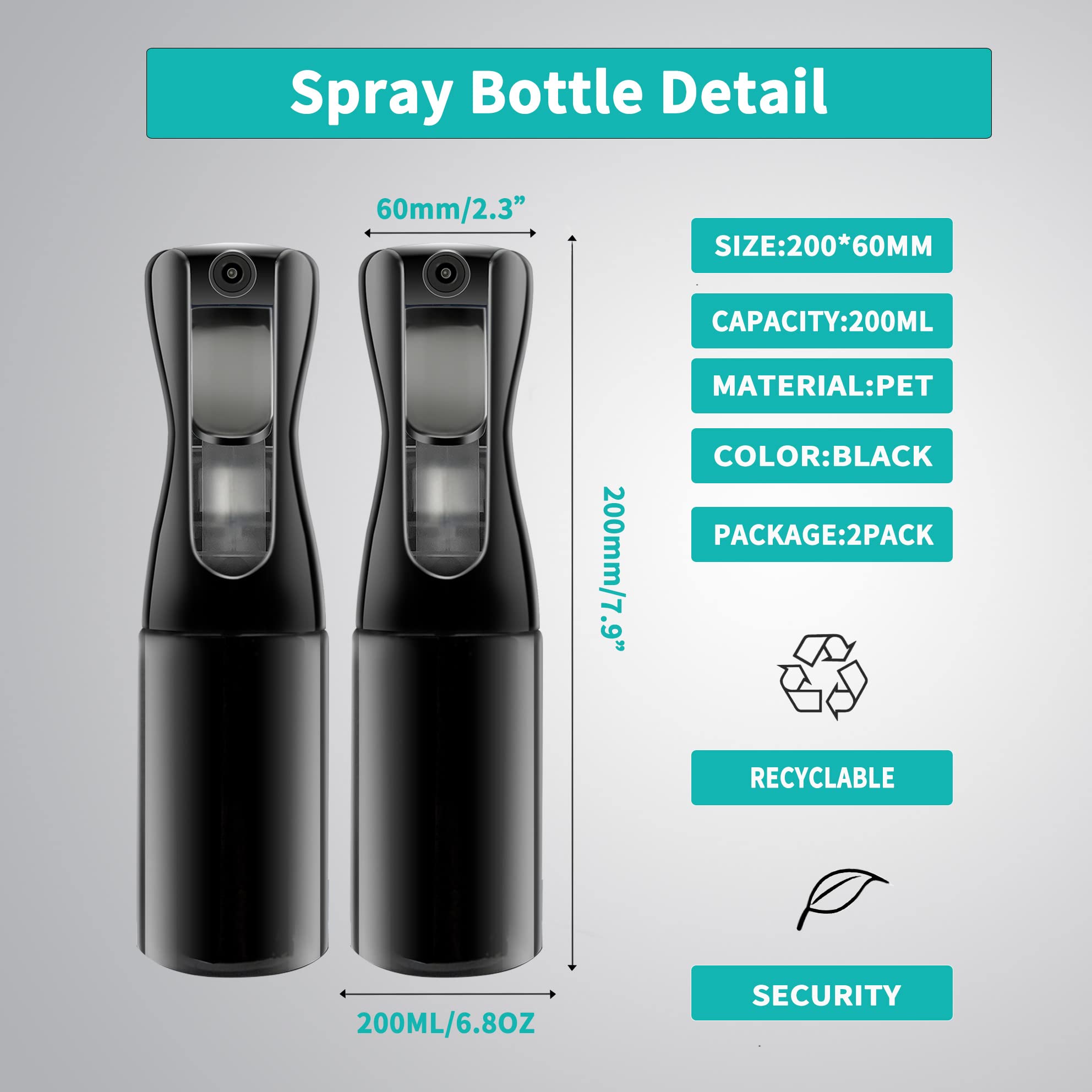 ANGLUX Sprühflasche für Haare, 200 ml, leer, feiner Nebel, ultrafein, kontinuierliche Sprühflasche, feiner Sprühflasche für Haarstyling, Reinigung, Pflanzen, Nebel und Hautpflege, Schwarz