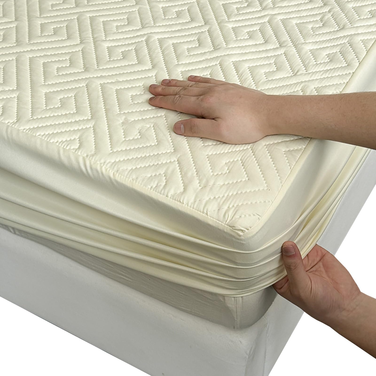 Non-Slip Mattress Protector Double Bed, 30cm Deep Pocket Fitted Cover with Full-Circle Elastic Grip, Waterproof Quilted Soft Top, Easy to Remove & Clean(Light yellow,198x203cm/78x80in) — image 1
