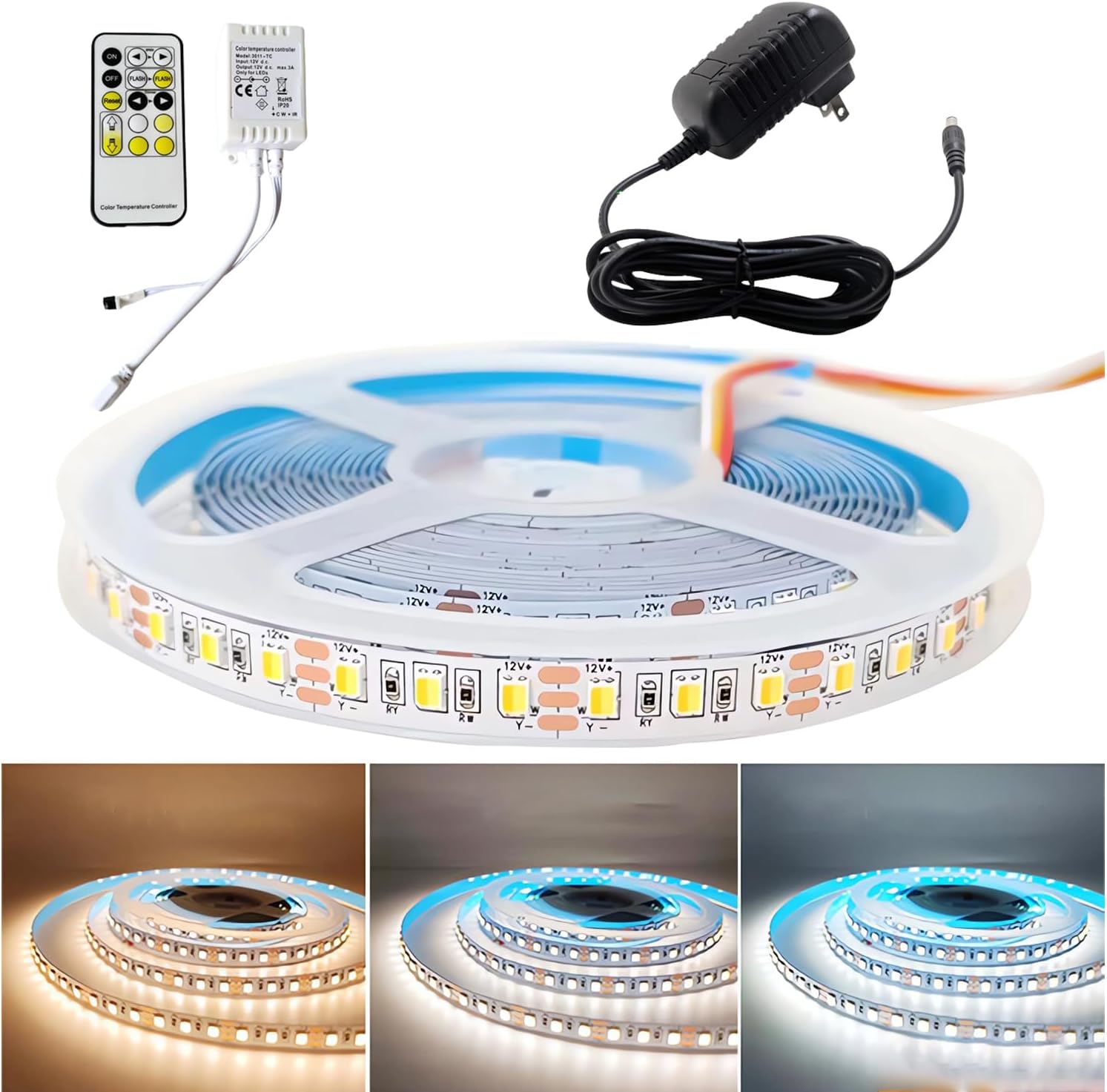 JARBIH 32.8ft LED Strip Light 1200 LEDs Tunable White, 3000K-6500K Dimmable Daylight LED Tape Light with Remote Control & Power, Flexible Led Lights for Bedroom, Kitchen Decoration (24V 2835)
