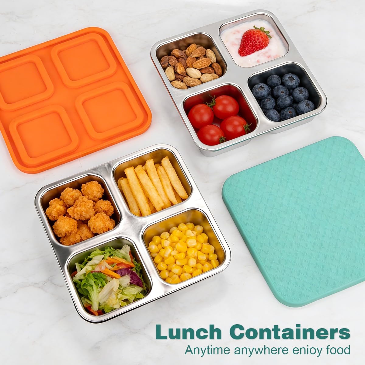 2 Pack Snack Box Containers Set, Stainless Steel 4 Compartment Lunchable Container, Reusable Food Storage Containers with Lids for Travel, Outdoor, Camping, Work(Orange/Blue) - Image 4