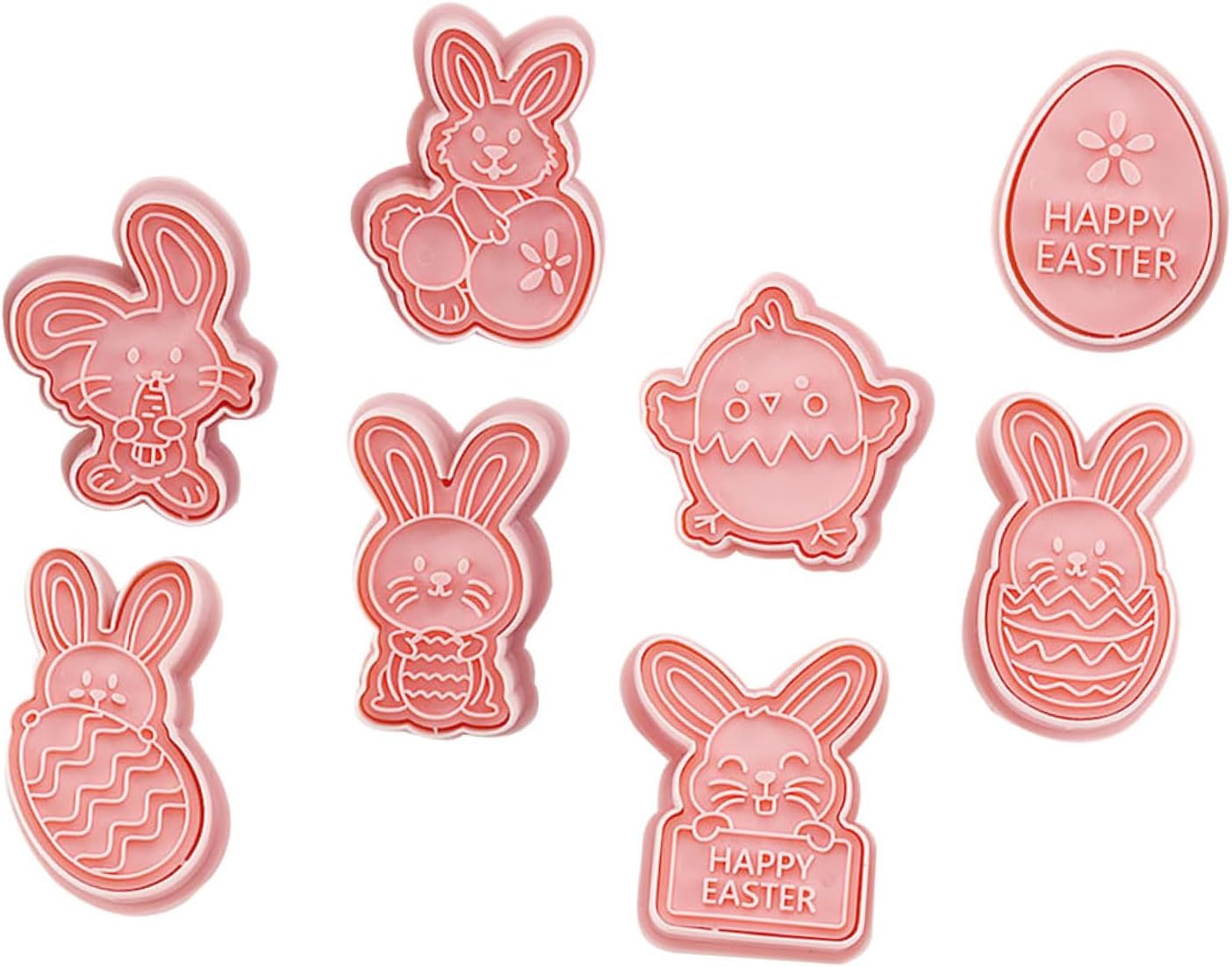 TEHAUX 8PCS Easter Bunny Chick Egg DIY Cookie Stamping Mold Pink Non-stick Embossing Biscuit Baking Molds for Holiday Baking and Decorating