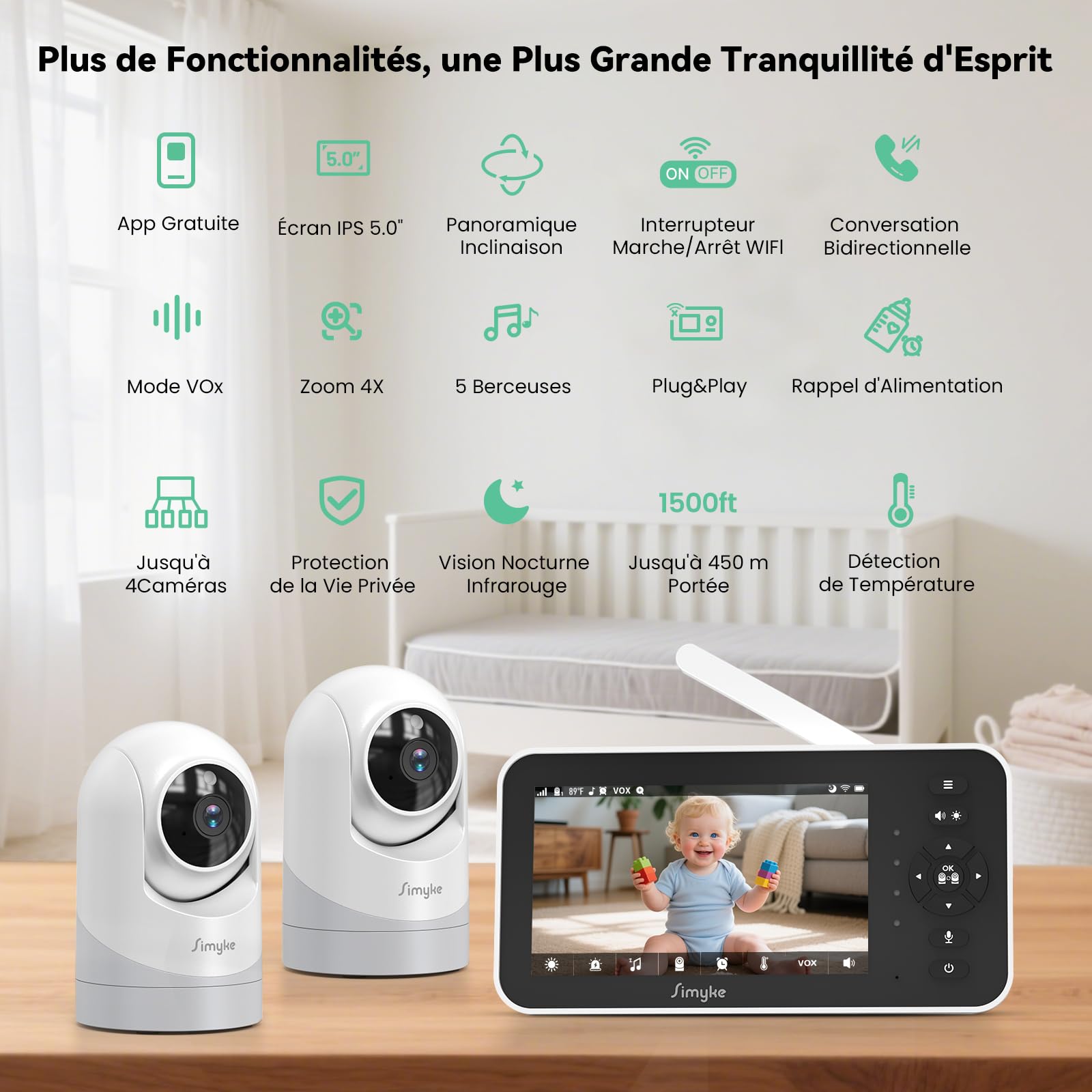 Simyke Moniteur Vidéo pour Bébé, 2 Caméras, Écran IPS 5'' HD, Contrôle App, Vision Nocturne, Alertes Mouvement, Conversation Bidirectionnelle, Accès Multi-Utilisateur, Sécurité Triple