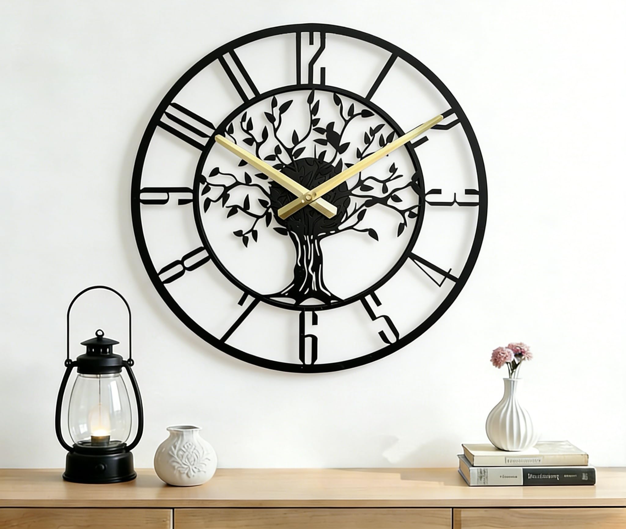 Grande horloge murale moderne pour salon, format 55,9 cm en métal noir