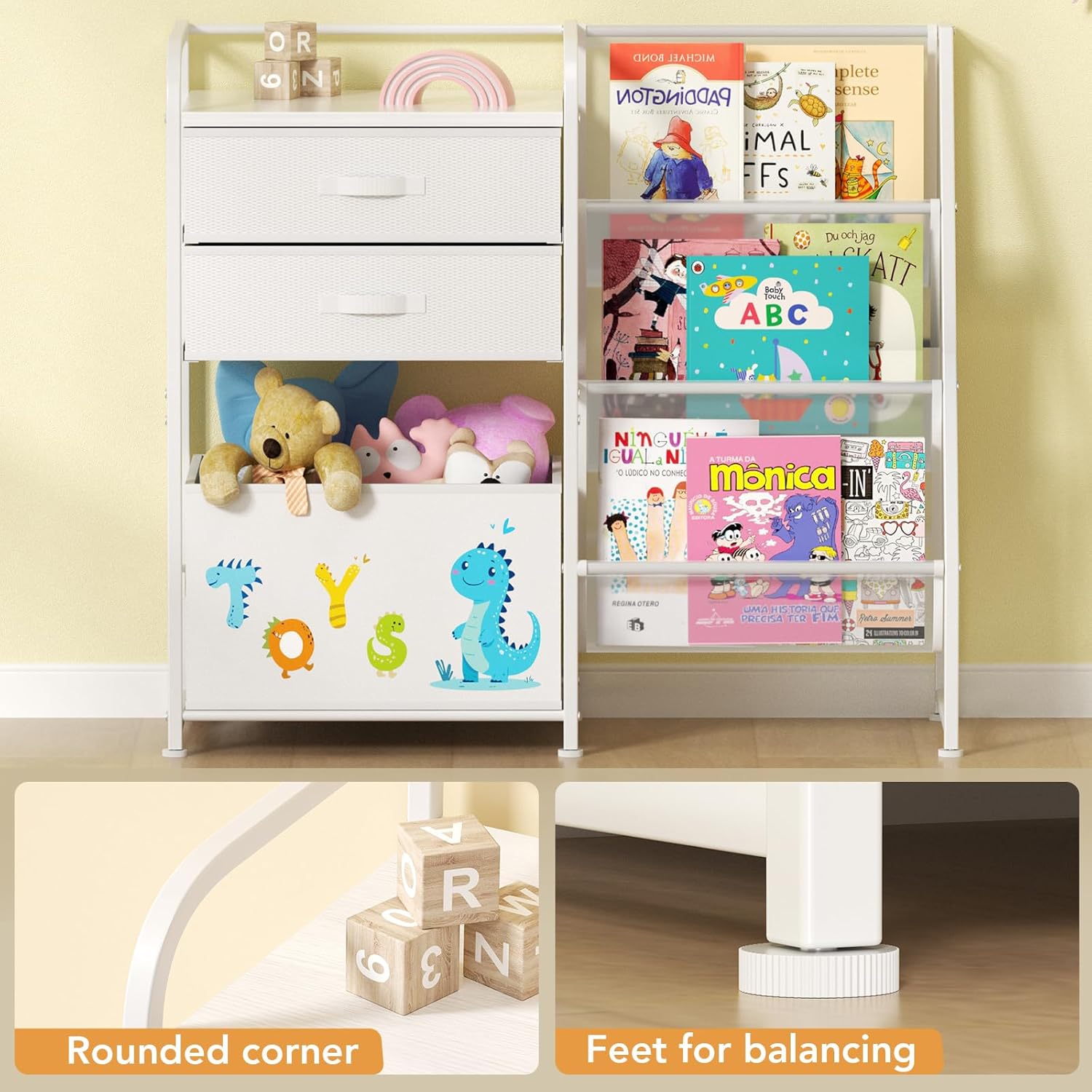 BBLIKE Kids Bookshelf and Toy Storage Organizer - 3 Tier Book Shelf with Movable Toy Box for Kids Rooms, Ideal Bookcase and Toy Organizer with 2 Drawers for Playroom, Bedroom, Nursery, White
