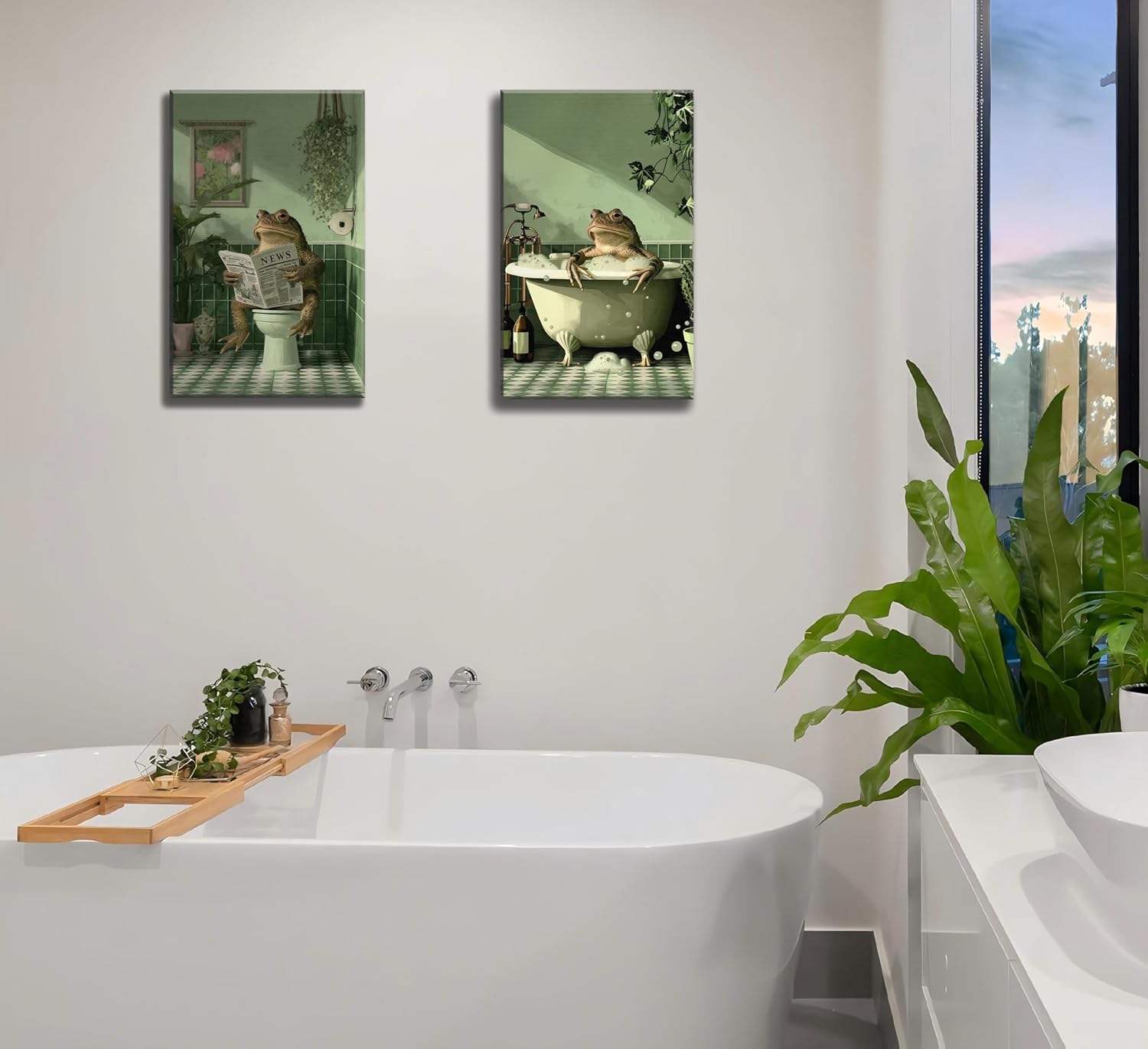 2Pcs Frog Bathroom Canvas Wall Art Green Retro Animal Style Poster Print Home Wall Decor Suitable for Living Room Bedroom Bathroom 12x16 inches Can be hung directly